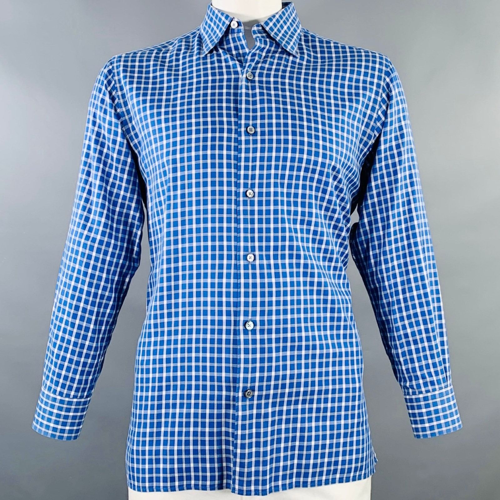 Ermenegildo Zegna ERMENEGILDO ZEGNA Blue White Checkered Cotton Long Sleeve Size US L / EU 52-54 / 3 - 1 Thumbnail