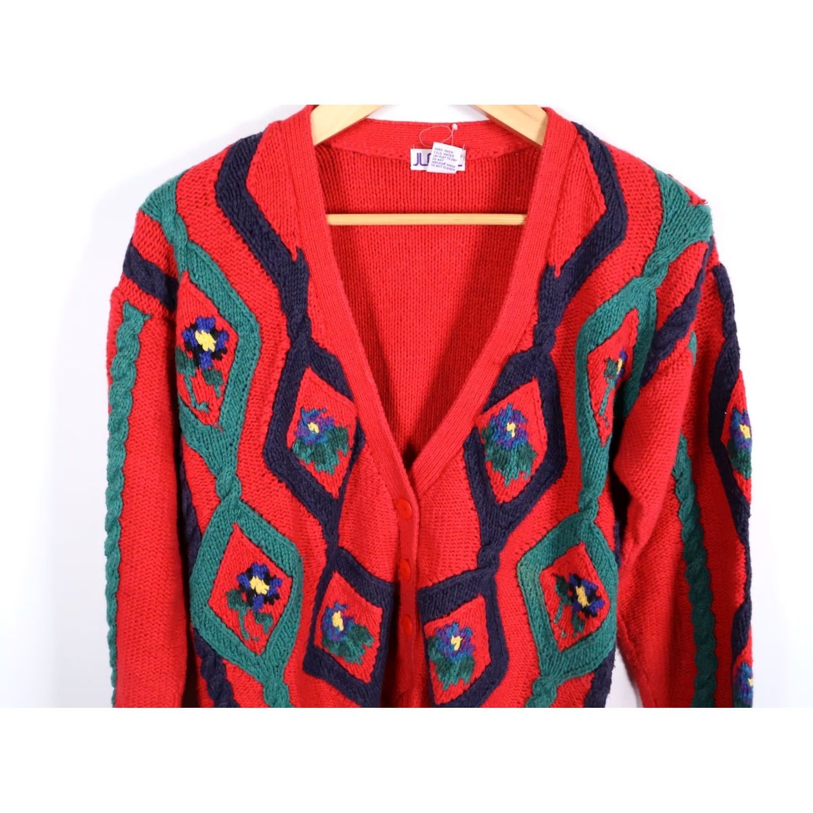 Vintage VINTAGE 90s Floral Cardigan Women's Small Red Chunky Knit Sweater JL Plum Crew Neck Long Sleeve Embroidered Size S / US 4 / IT 40 - 4 Thumbnail