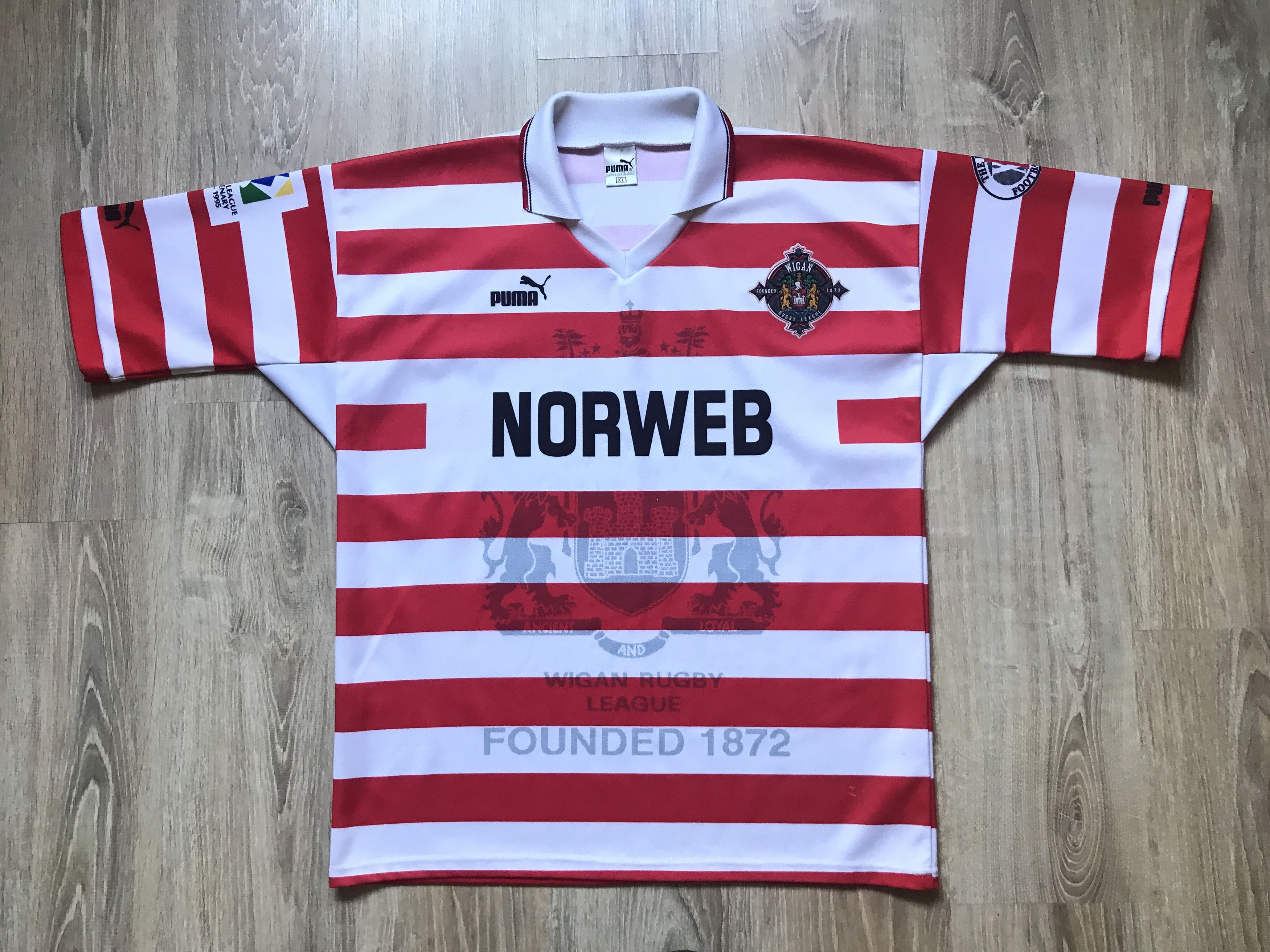 Puma × Vintage Puma Wigan 1995 Rugby Centenary Striped Jersey Size US XL / EU 56 / 4 - 1 Thumbnail