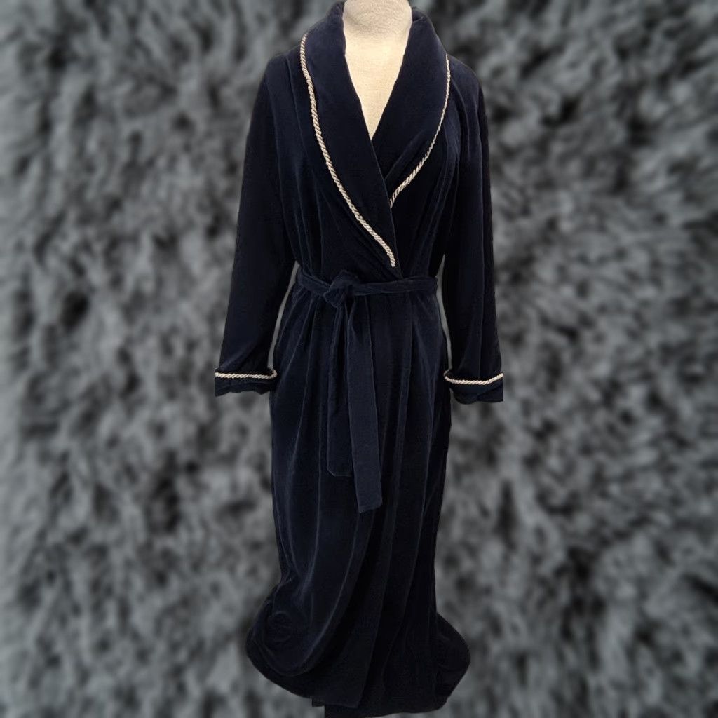 VINTAGE Diamond Tea Velour Robe 90s Lounge Medium Blue Heavy