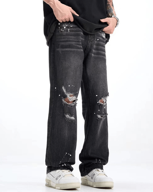 Japanese Brand American ink-splashed black straight loose ripped jeans Size US 32 / EU 48 - 2 Thumbnail