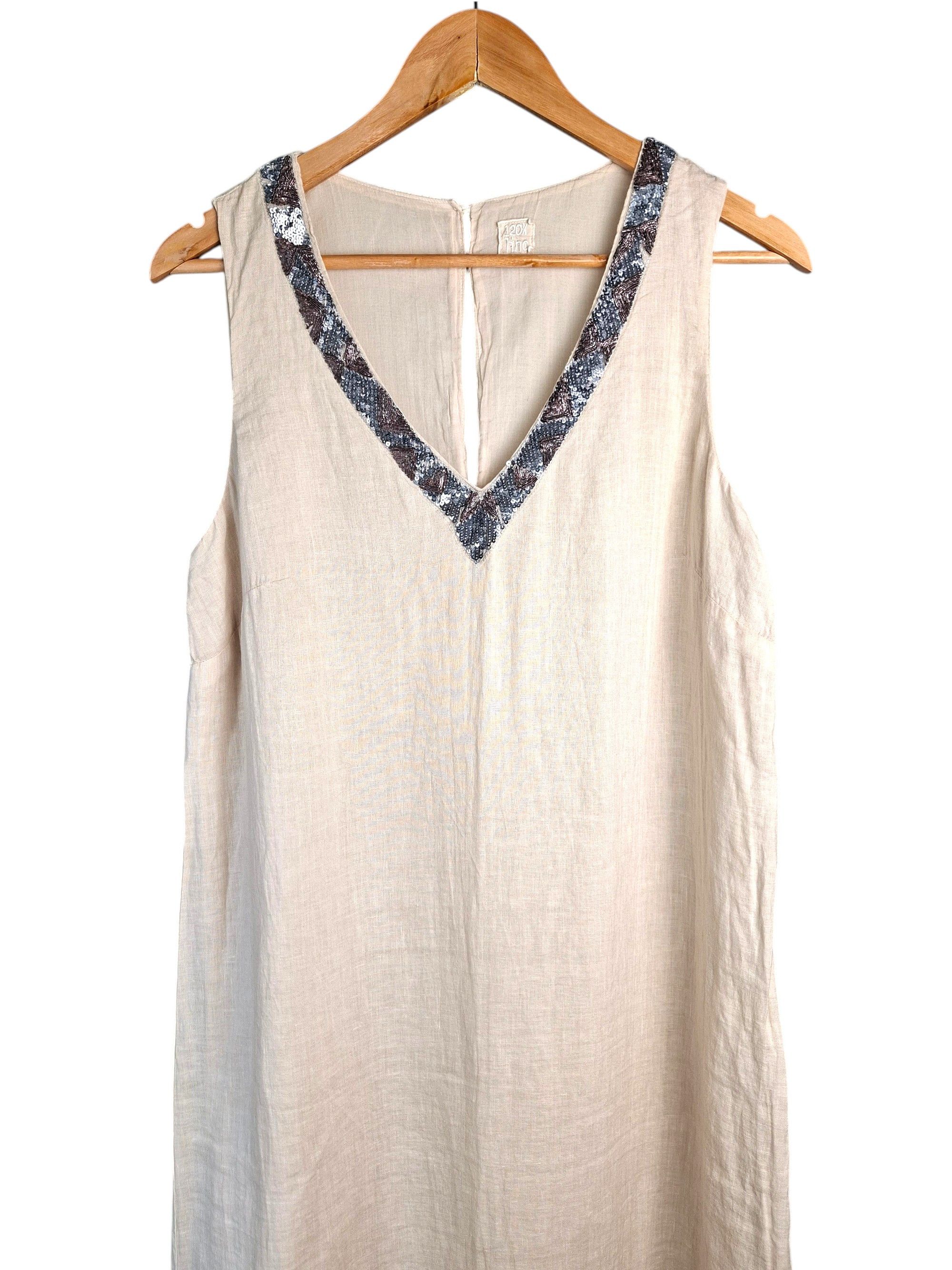 120% Lino 120% Lino Linen Maxi Dress Beige Sequin V-Neck Sleeveless Size M / US 6-8 / IT 42-44 - 3 Thumbnail