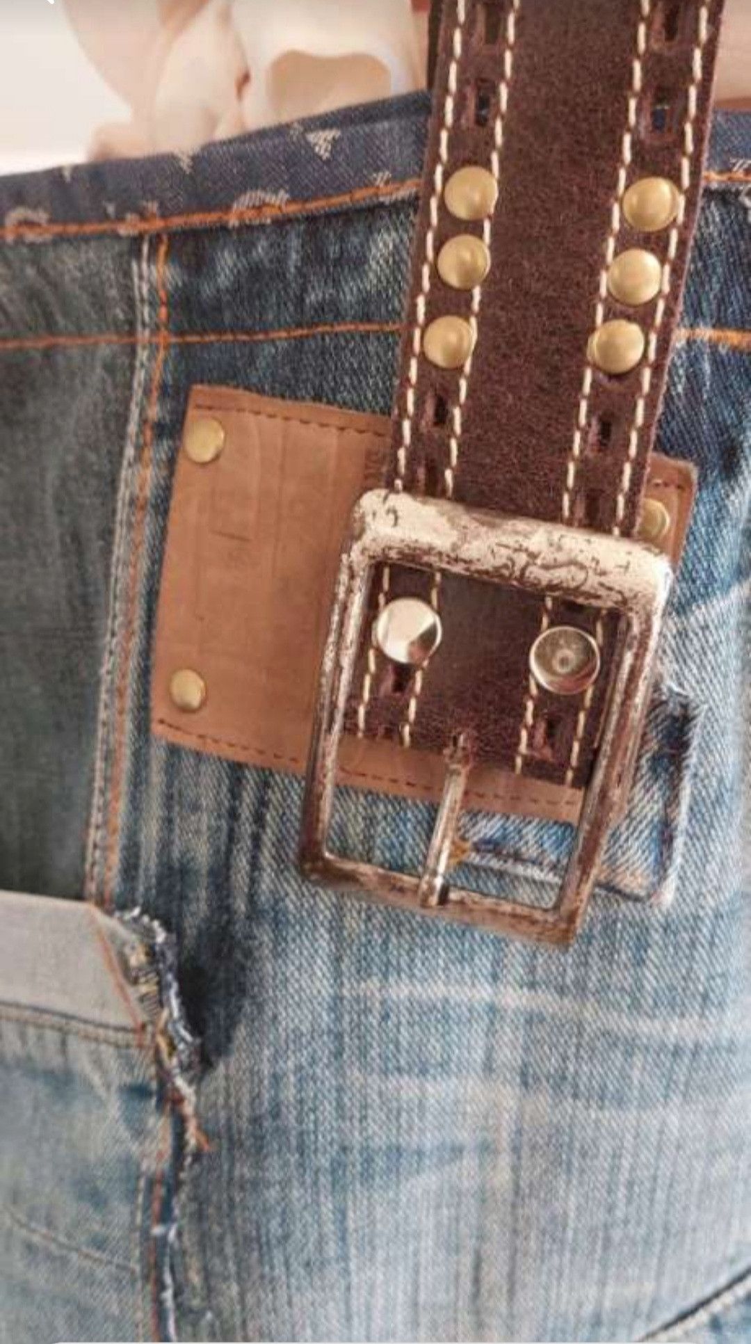 Handmade Heavy Denim Tote with Leather Belt Straps Size ONE SIZE - 6 Thumbnail