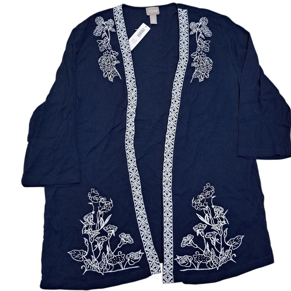 Chicos Chico's Floral Embroidery Pattern Crinkle Open Front Cardi J Size L / US 10 / IT 46 - 3 Thumbnail