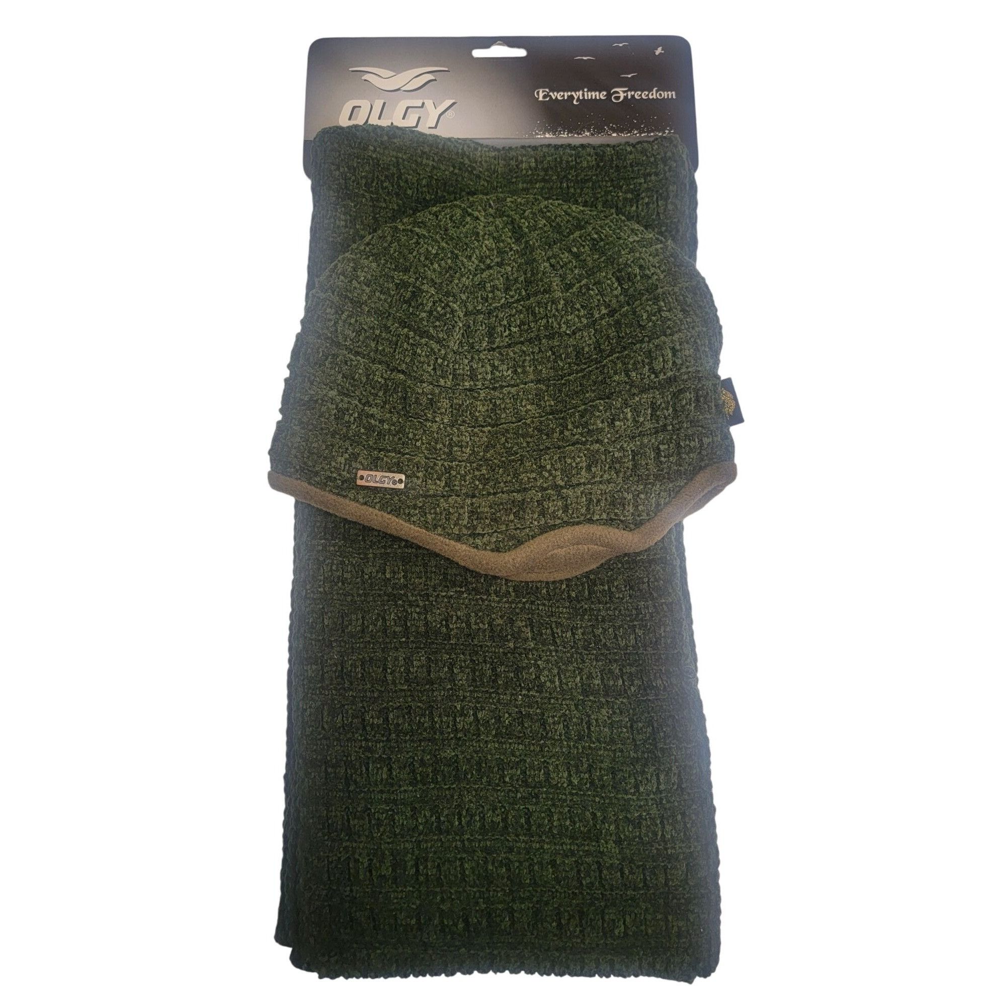 Other Olgy Green Knit Beanie & Scarf Set With Fleece Lining For Co Size ONE SIZE - 1 Thumbnail