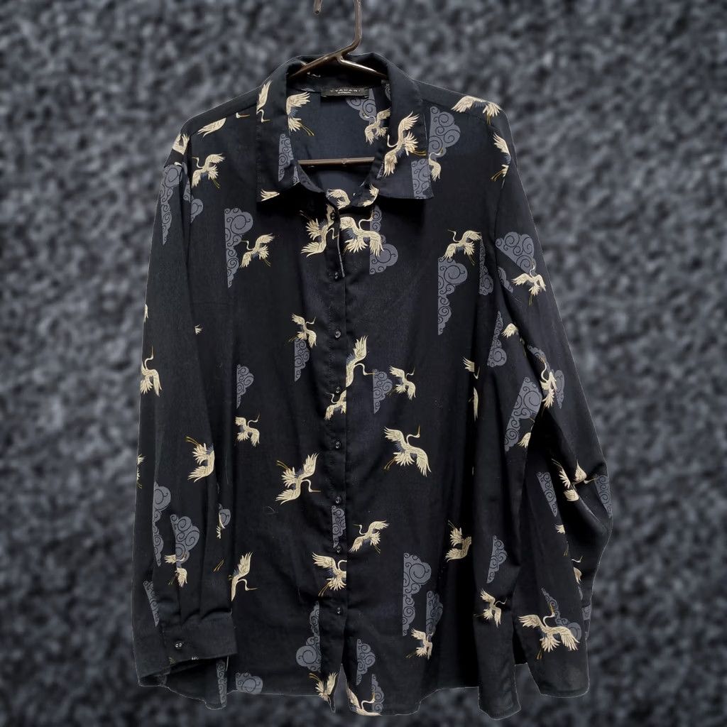 Vintage T Tahari Blouse Navy Crane Print Long Sleeve Size 3X Office Carrier Top Womens Size XXL / US 16-18 / IT 52-54 - 1 Thumbnail