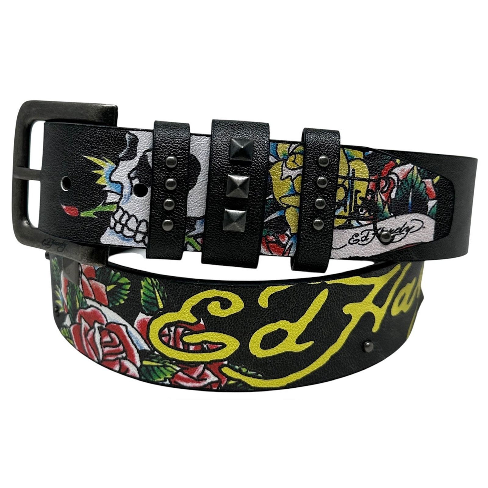 Ed Hardy Ed Hardy Skulls and Roses Printed Black Belt Rivet Studs Size 42 - 1 Thumbnail