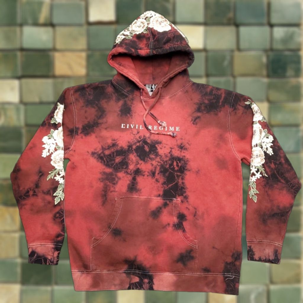 VINTAGE Civil Regime Hoodie Mens M Red Black Marble Floral Embroidered Roses Streetwear
