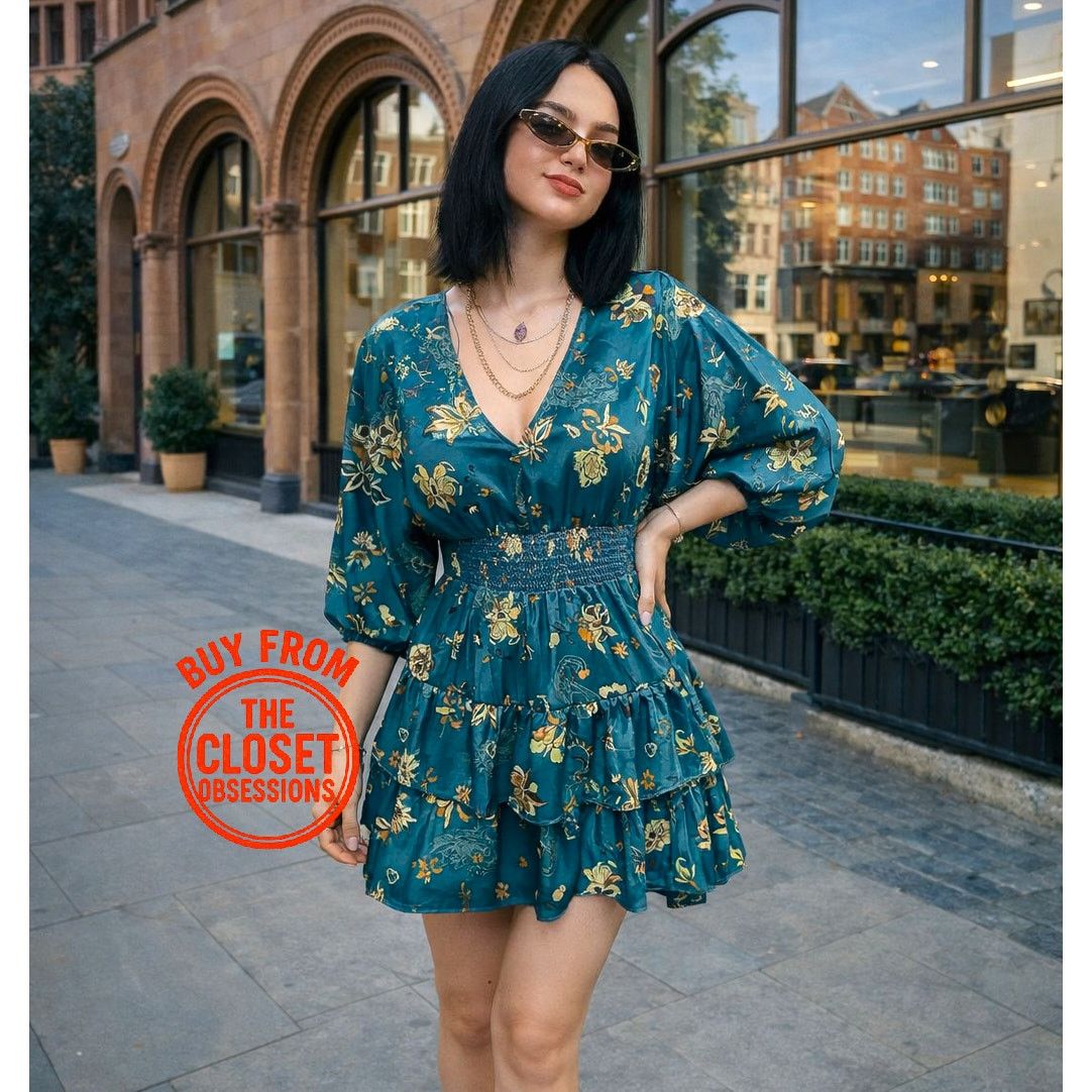 green floral floor length dress Wedtrend Women Green Floral Prom Dress with Slit A Line Off The Shoulder  Corset Long Print Wedding Party Dress – WEDTREND main image 1
