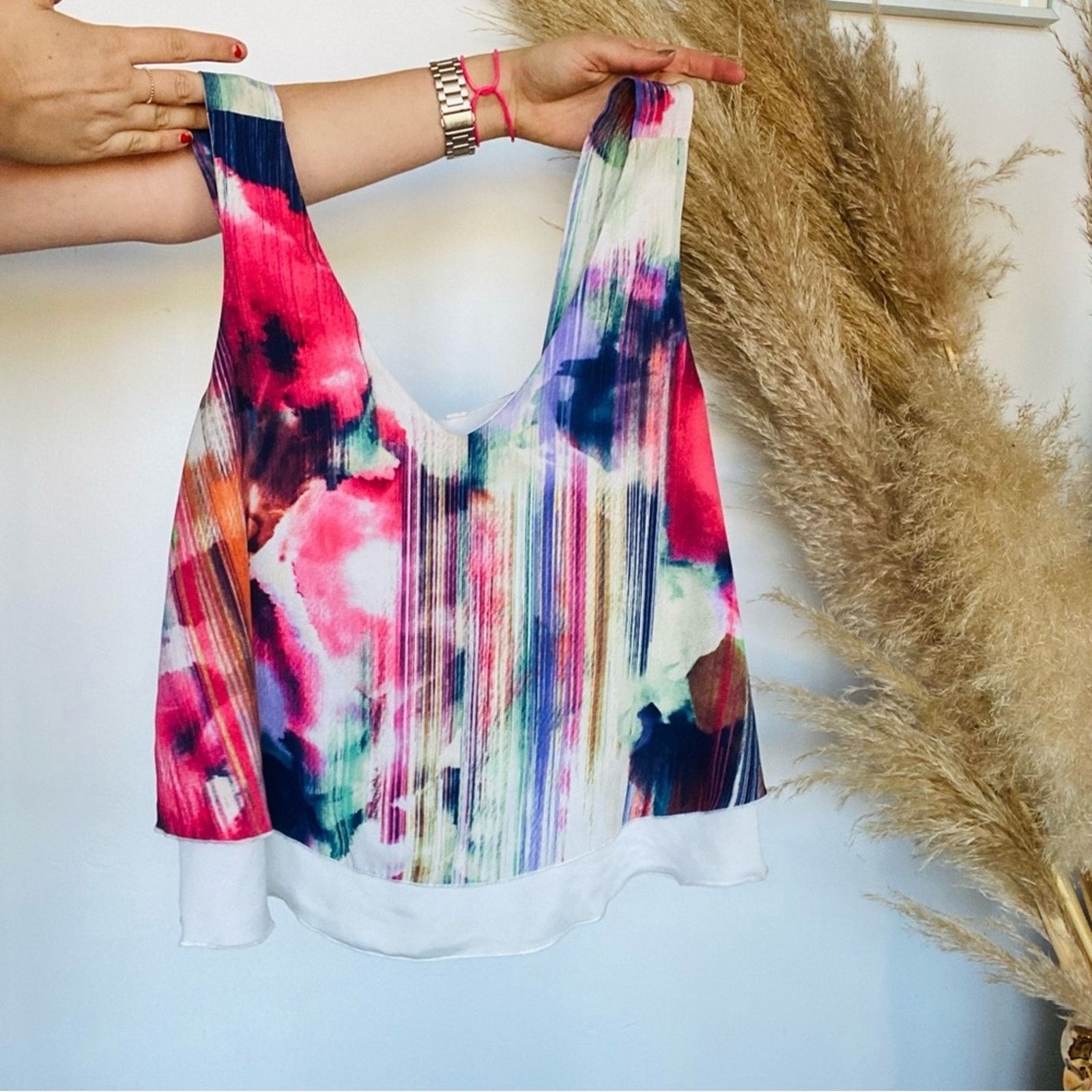 Nordstrom TYCHE NORDSTROM White Rainbow Print Ruffle Tank Top Blouse Size M / US 6-8 / IT 42-44 - 3 Thumbnail