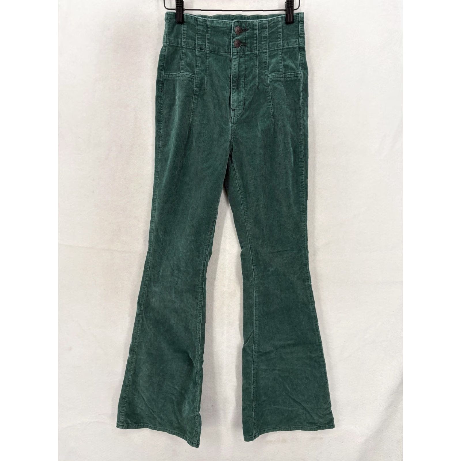 Vintage We The Free Corduroy Flare Pants Womens 26 Green High Rise Stretch Casual Boho Size 26" / US 2 / IT 38 - 2 Thumbnail