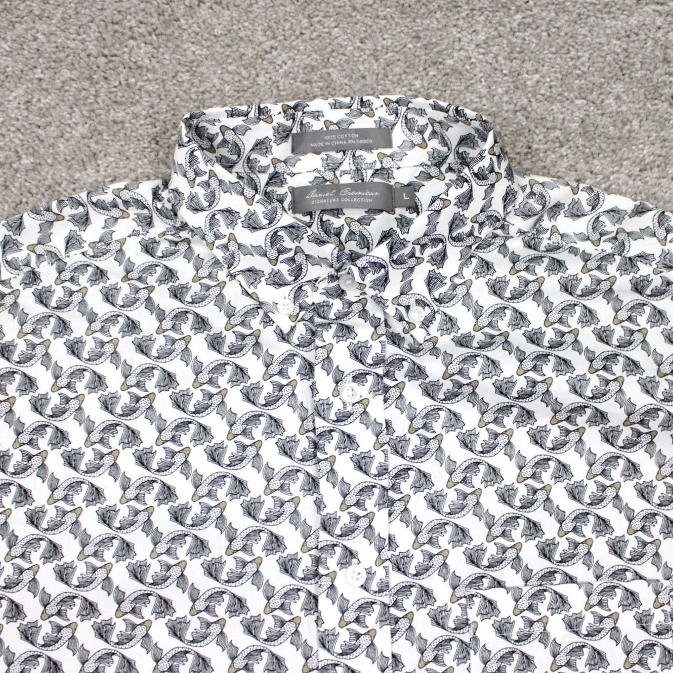 Cremieux Daniel Cremieux Signature AOP Shirt Mens Large White/Black Fish Print Cotton S/S Size US L / EU 52-54 / 3 - 5 Thumbnail