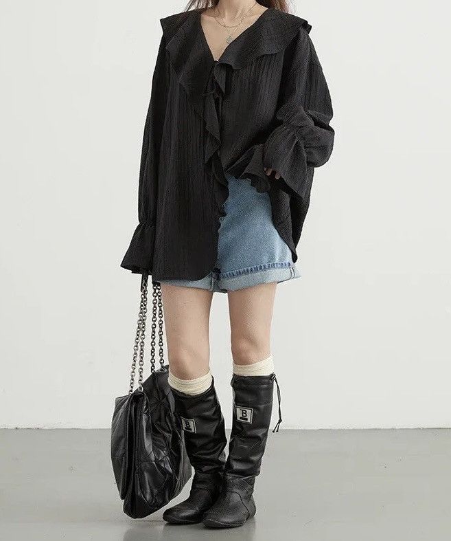 Vintage Casual Ruffled V Neck Lace Long Sleeve Shirt Blouses Size M / US 6-8 / IT 42-44 - 3 Thumbnail