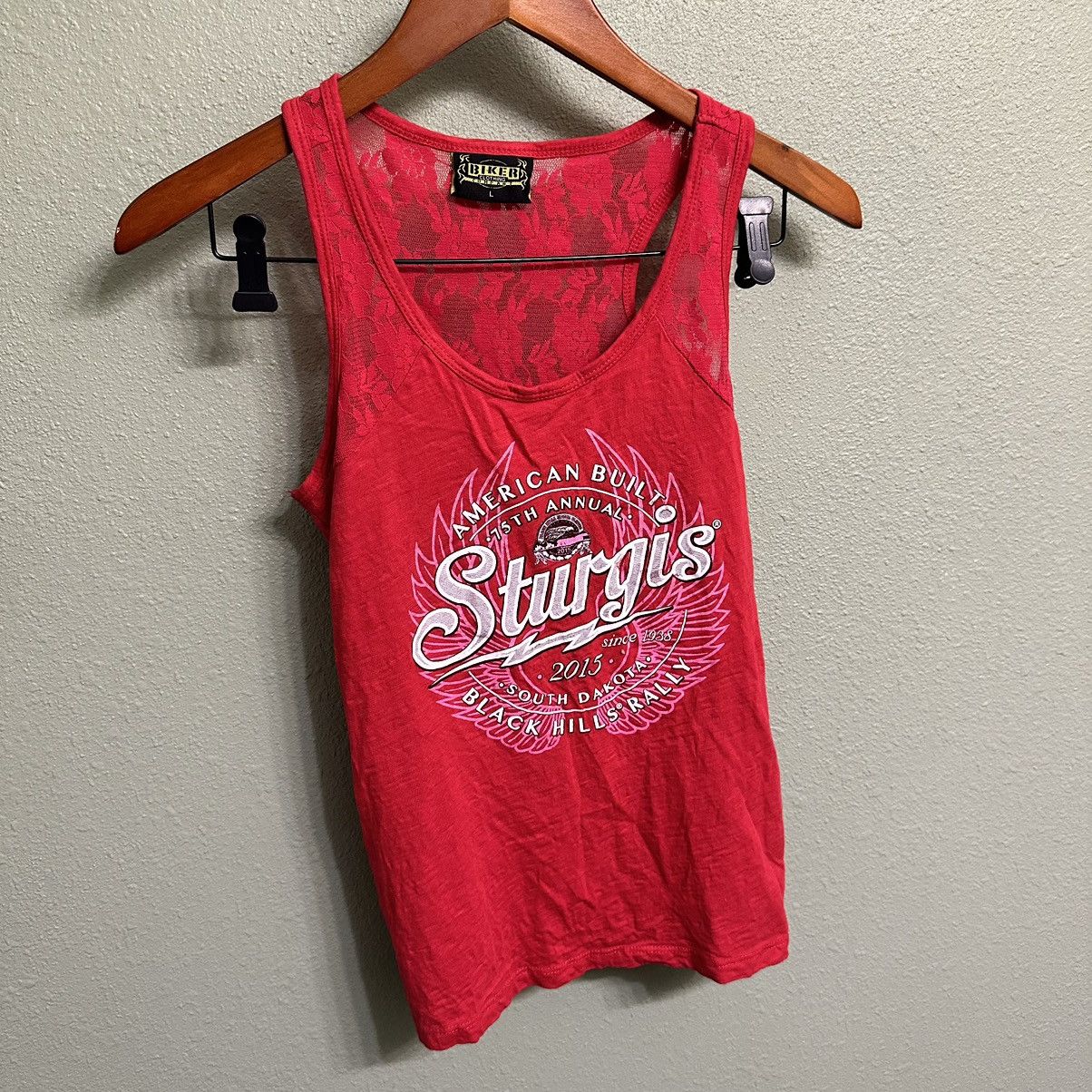 Other Biker Clothing Sturgis 2015 Women’s Red Tank Top w/Lace Back Size L / US 10 / IT 46 - 1 Thumbnail
