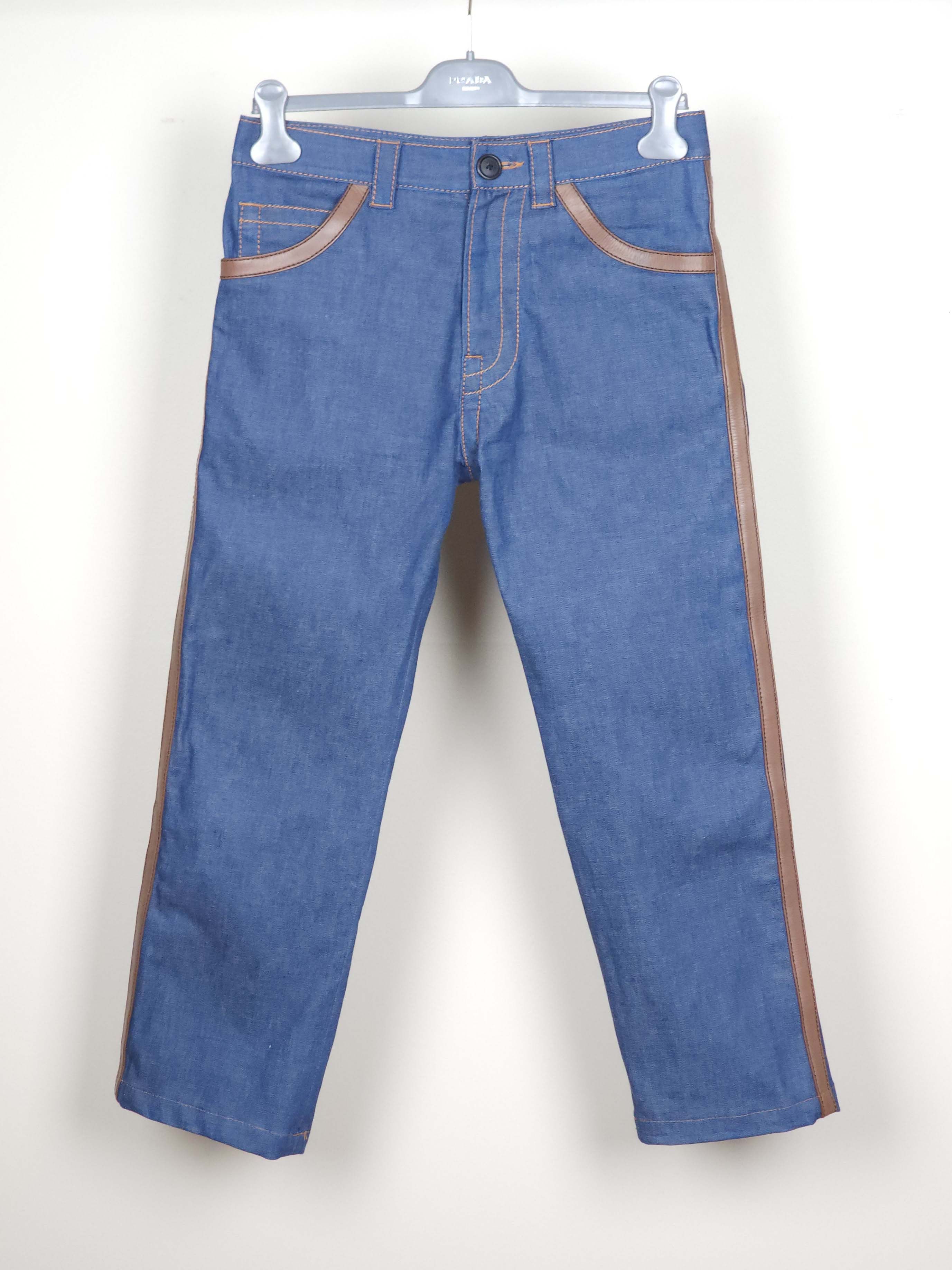 Prada S/S 2015 Unisex Brown Leather Trimmed Blue Jeans Pants Size US 31 - 3 Thumbnail