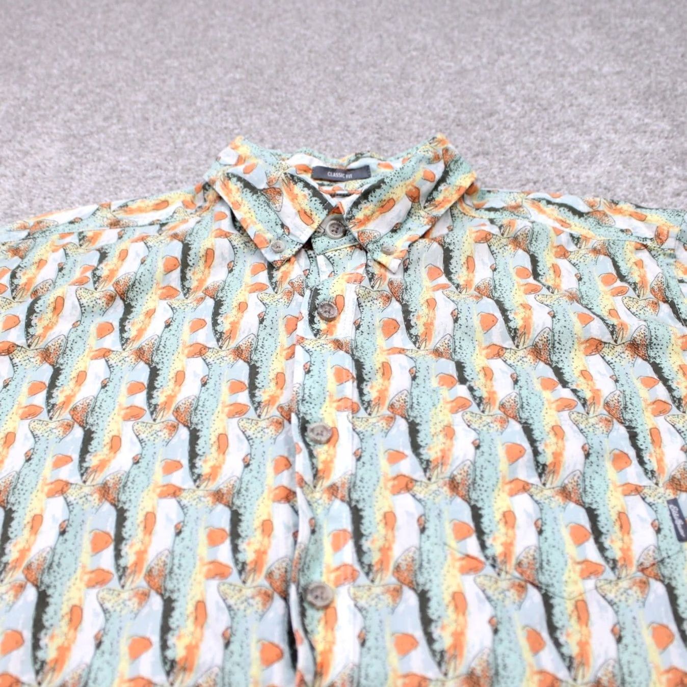 Eddie Bauer Eddie Bauer AOP Shirt Mens Large Fish All Over Print Classic Fit Cotton S/S Button-Up Chest 24in Beige Plaid Pattern Mens Long Sleeve? Size US L / EU 52-54 / 3 - 4 Thumbnail