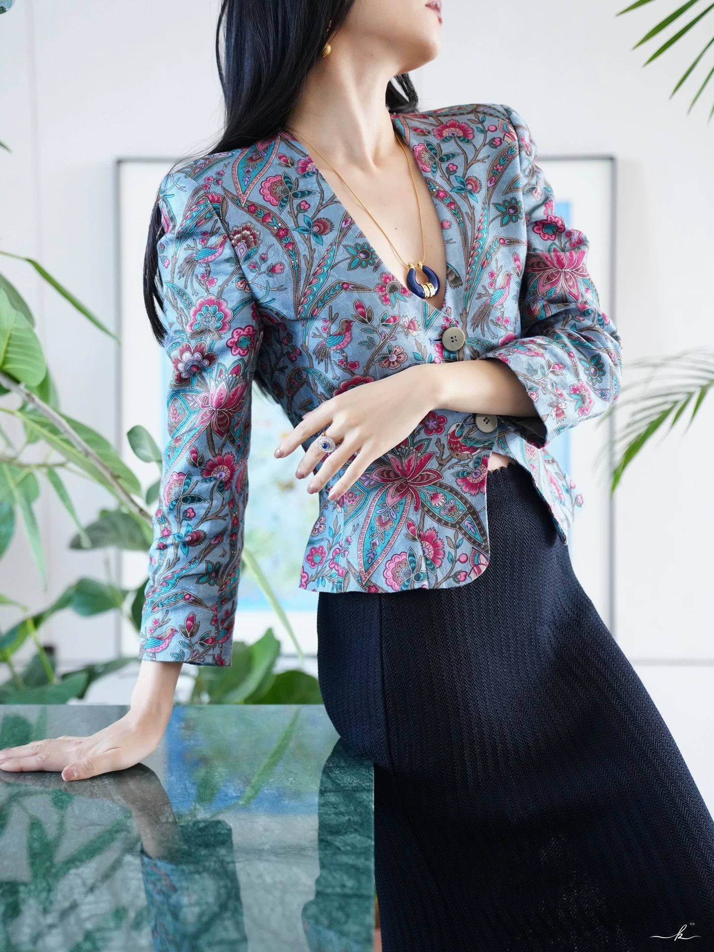 Giorgio Armani Giorgio Armani 90s Cotton-Linen Oriental Floral Blazer Size M / US 6-8 / IT 42-44 - 5 Thumbnail
