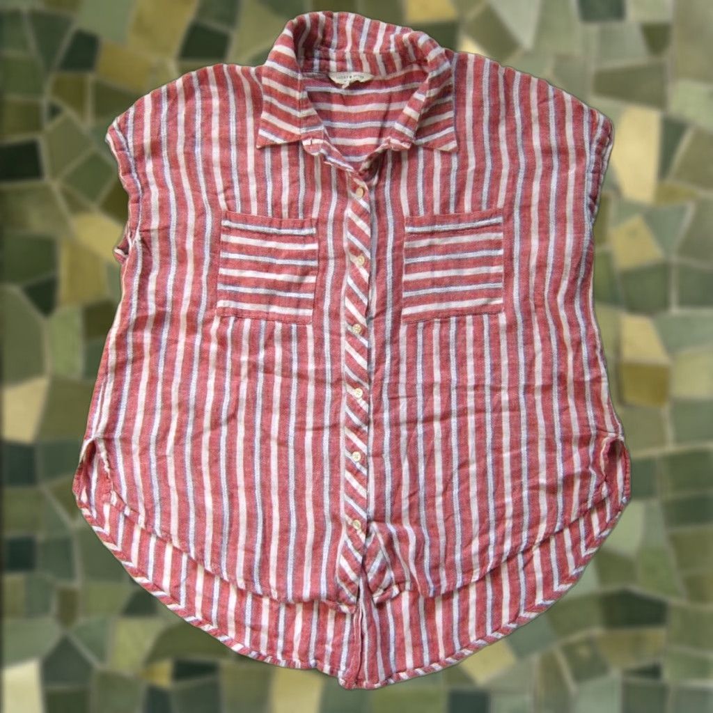 Lucky Brand Lucky Brand Blouse Shirt Ladies M Red Cap Sleeve Open Back Linen Rayon Stripe Button Down Size M / US 6-8 / IT 42-44 - 1 Thumbnail