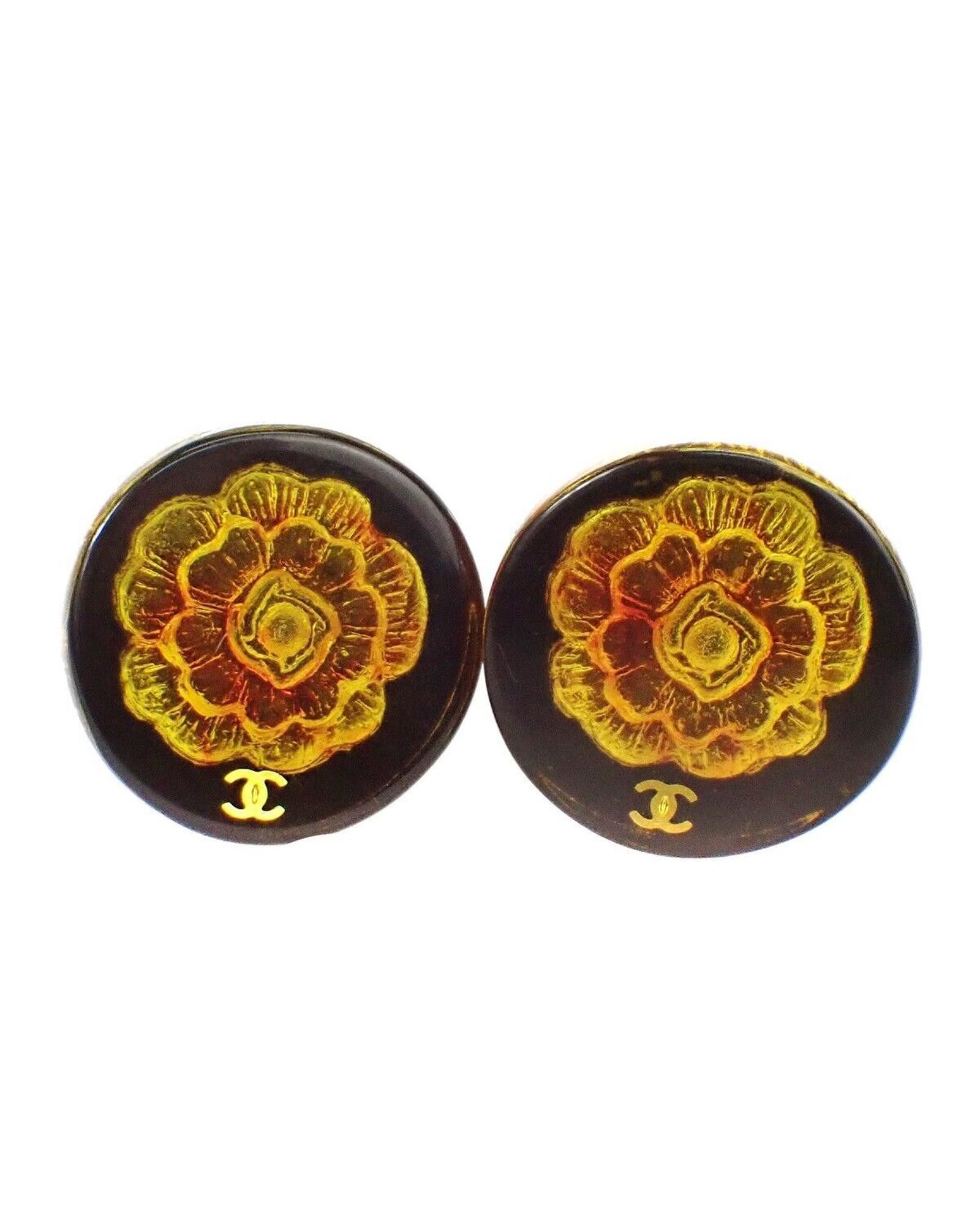 image of Chanel Gold Plated Button Earrings With Camellia Design, Women's