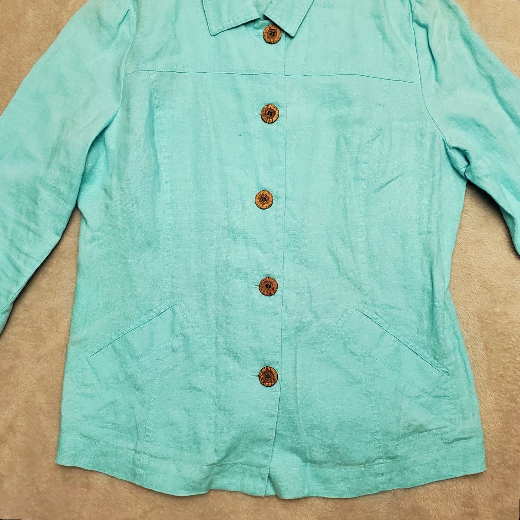 Coldwater Creek Chicos Jacket Womens sz 1 US 8 Mint Green 100% Linen Long Sleeve Casual Button Shirt Size M / US 6-8 / IT 42-44 - 3 Thumbnail