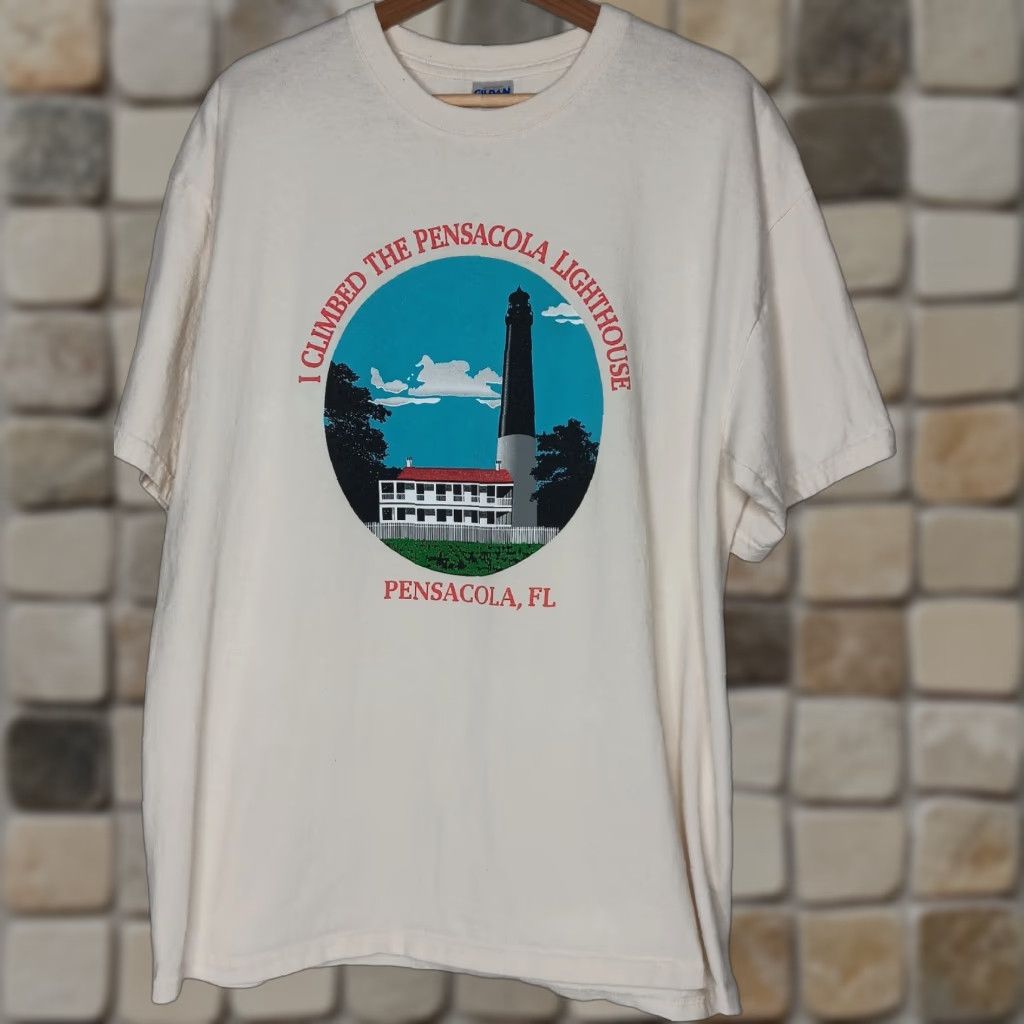 Gildan Gildan Ultra Cotton Shirt Men XL I Climbed The Pensacola Lighthouse Travel Florida Nautical Tourist Crew Neck Short Sleeve Natural/Off-white Size US XL / EU 56 / 4 - 1 Thumbnail