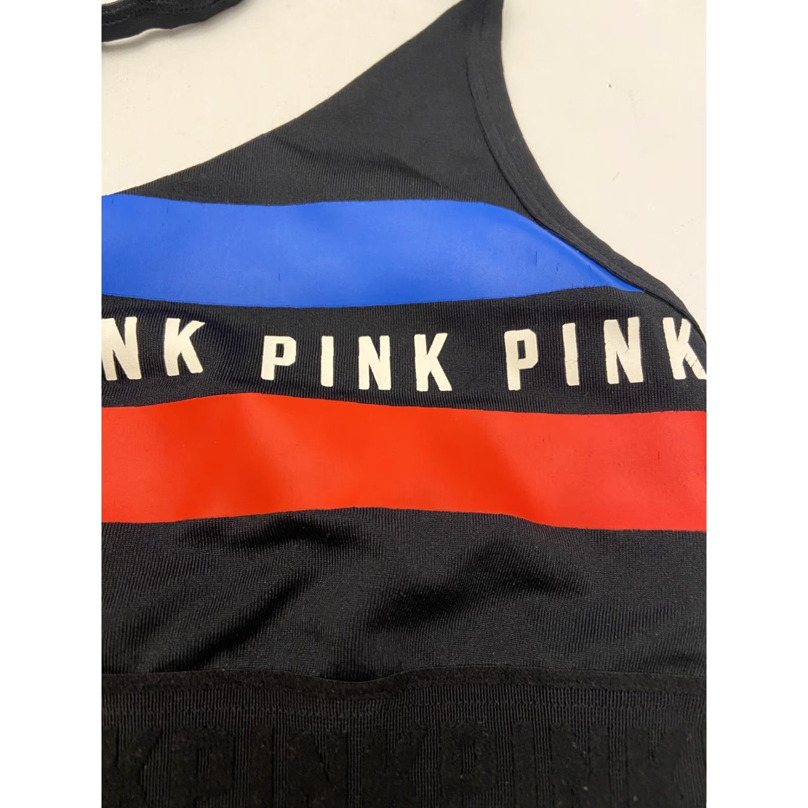 Victoria's Secret Victoria’s Secret Sports Bra Women Medium Multicolor B80 Red Black Blue Stripes Activewear Size ONE SIZE - 3 Thumbnail