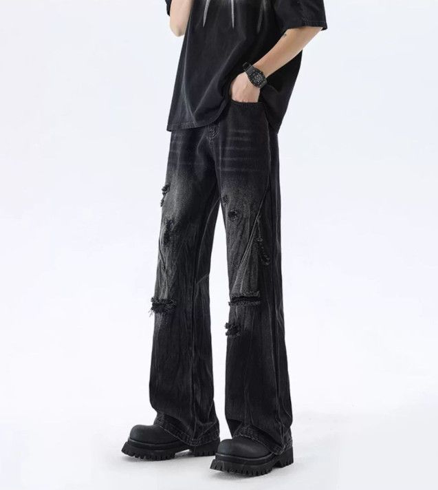 Japanese Brand Men's washed distressed straight leg ripped flared jeans Size US 32 / EU 48 - 2 Thumbnail