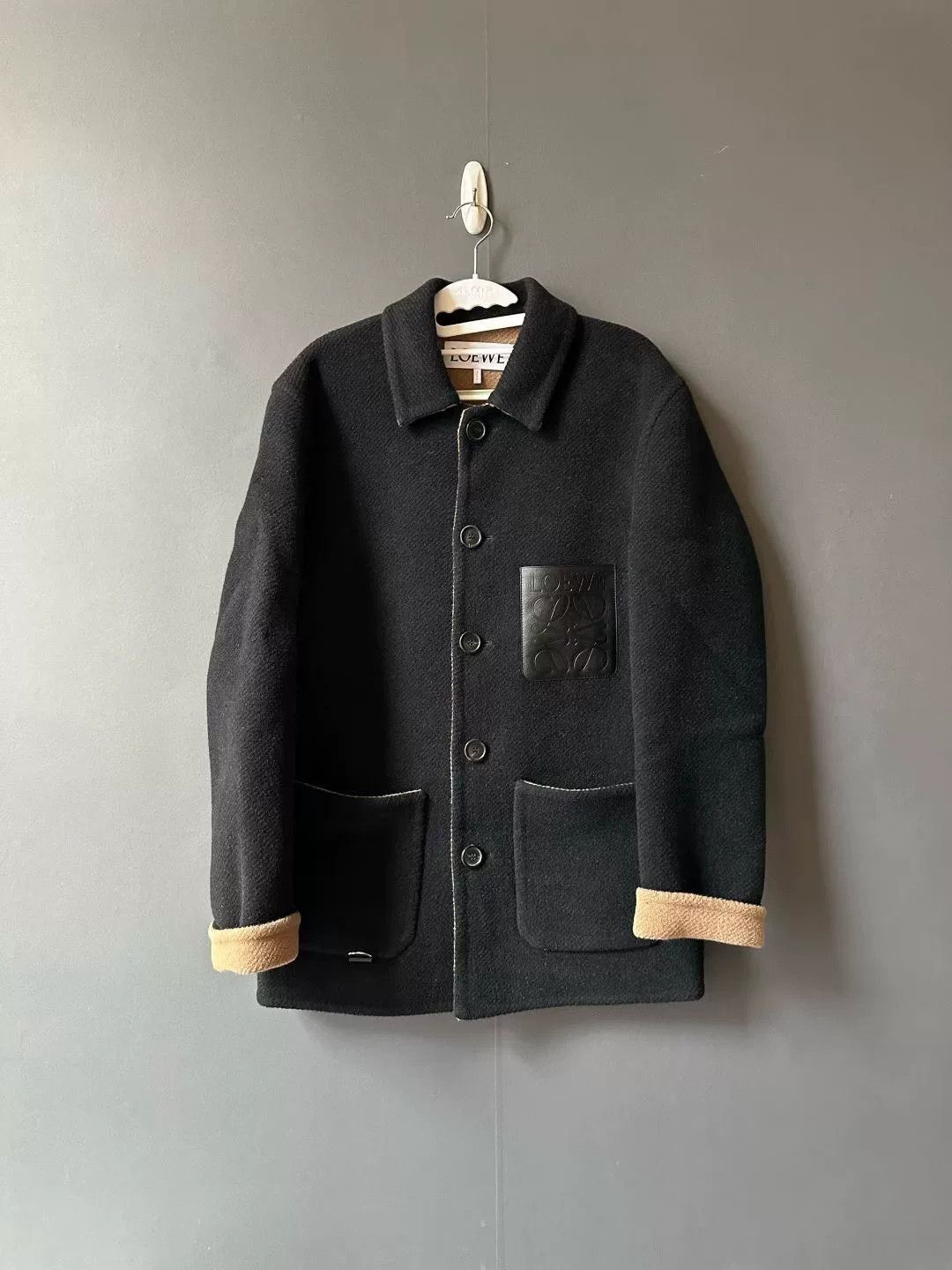 loewe wool coat with leather label