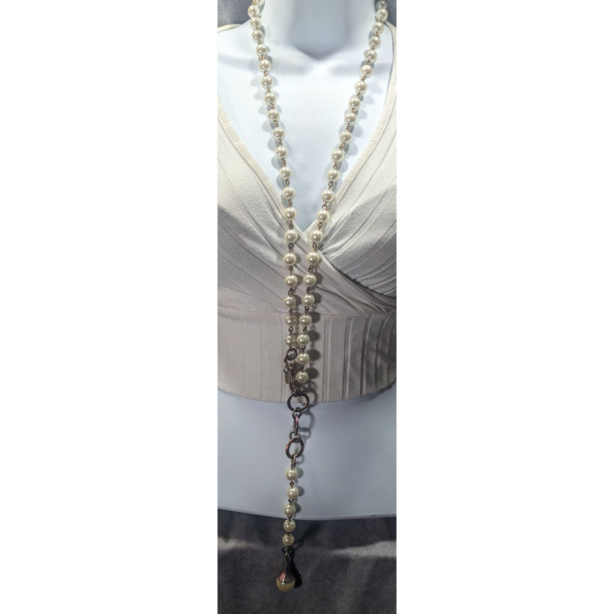 Other Vintage Korean EXP Faux Pearl Anodized Gold Tone Y Drop Neck Size ONE SIZE - 2 Thumbnail