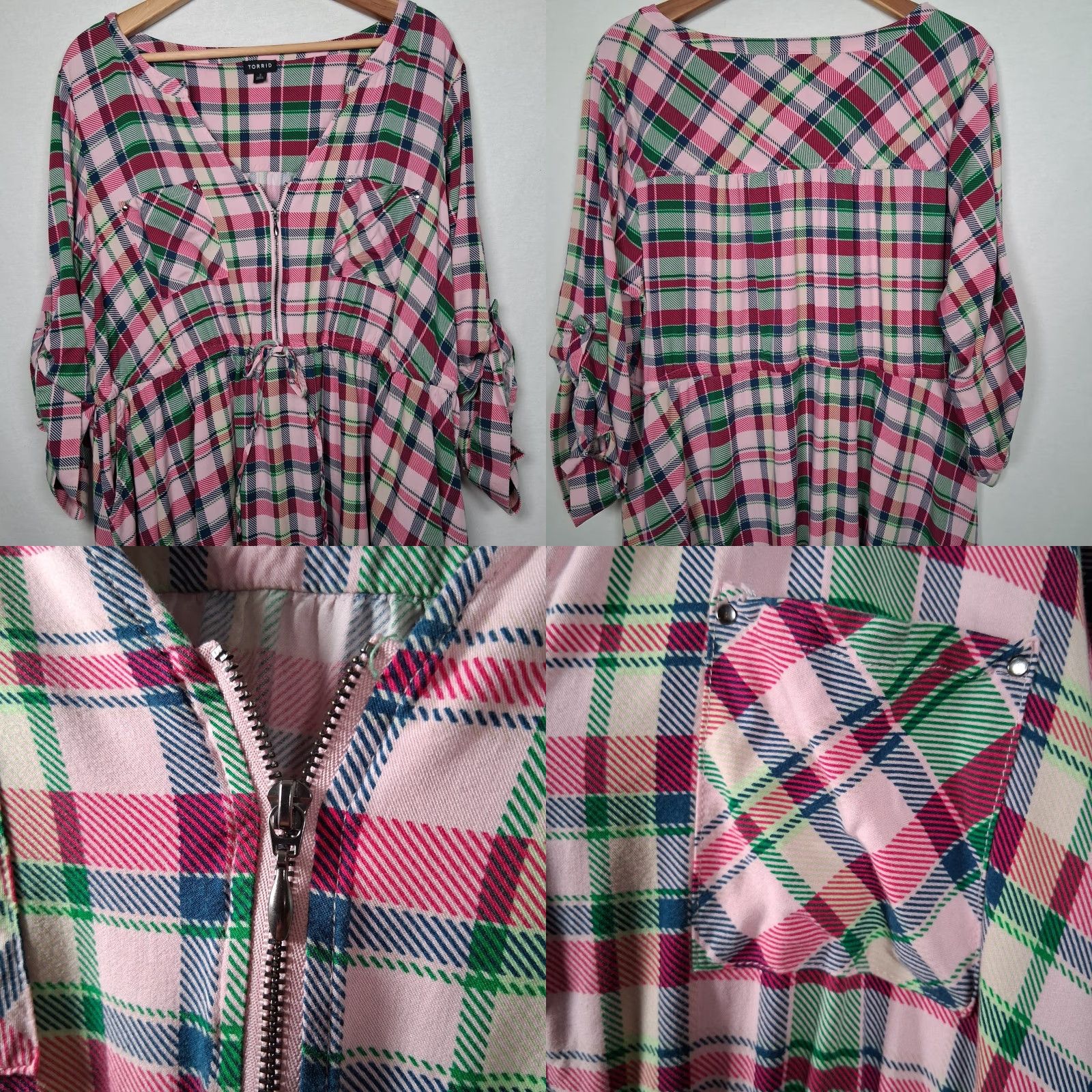 Torrid Torrid Plaid Shirt Dress Midi Zip 3X Women’s Plus Size Pink Green Blue Roll Sleeve V-Neck High Low Size XXL / US 16-18 / IT 52-54 - 8 Thumbnail