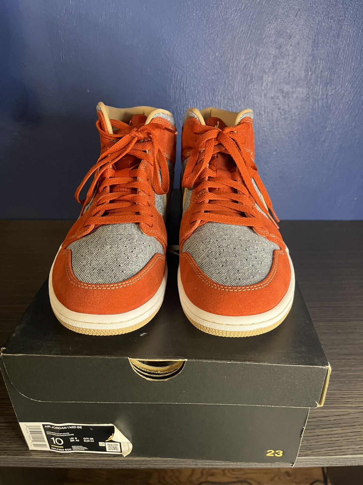 Jordan Brand Brand New Red Denim Jordan 1 Mid Size US 10 / EU 43 - 1 Thumbnail