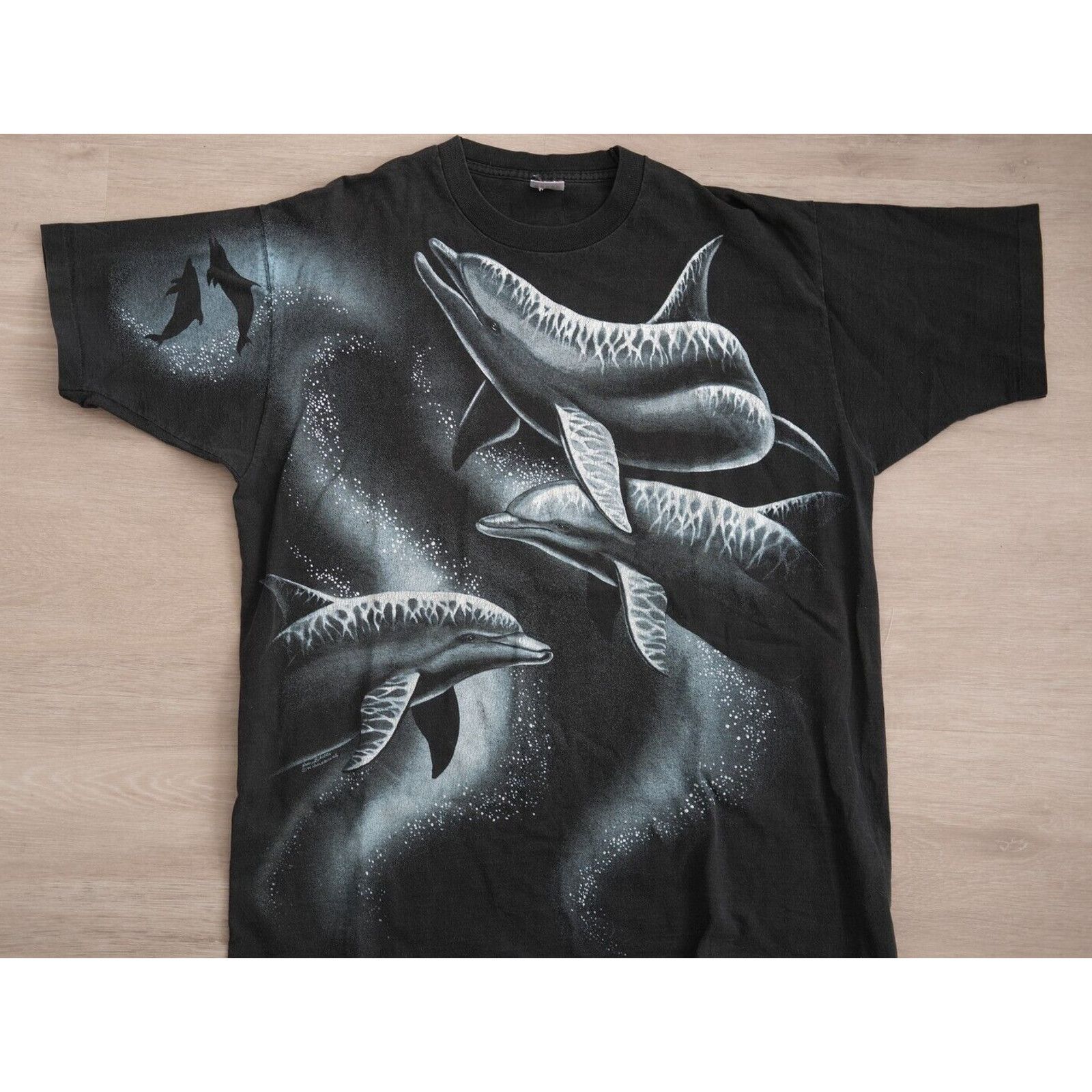 Fruit Of The Loom Vintage 90s Fruit Loom Dolphins AOP Art Tee XL Black Blue Size US XL / EU 56 / 4 - 1 Thumbnail
