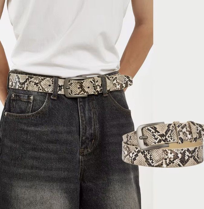 Japanese Brand 112 cm Snakeskin Print Faux Leather Belt - Brown/Beige Size ONE SIZE - 2 Thumbnail