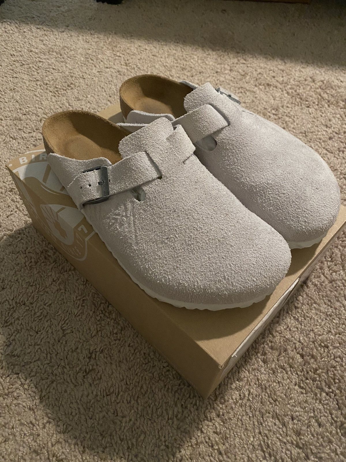 image of Birkenstock x Stussy Boston Clog Bone (2021) Shoes in Grey, Men's (Size 9)