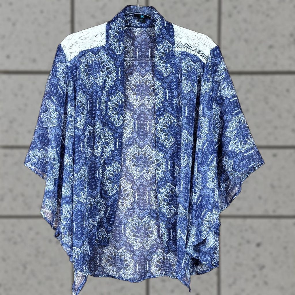 Vintage VINTAGE Skyline Kimono Cover Up Cardigan Women L Paisley Lace Crochet Sheer Blue White Size L / US 10 / IT 46 - 1 Thumbnail