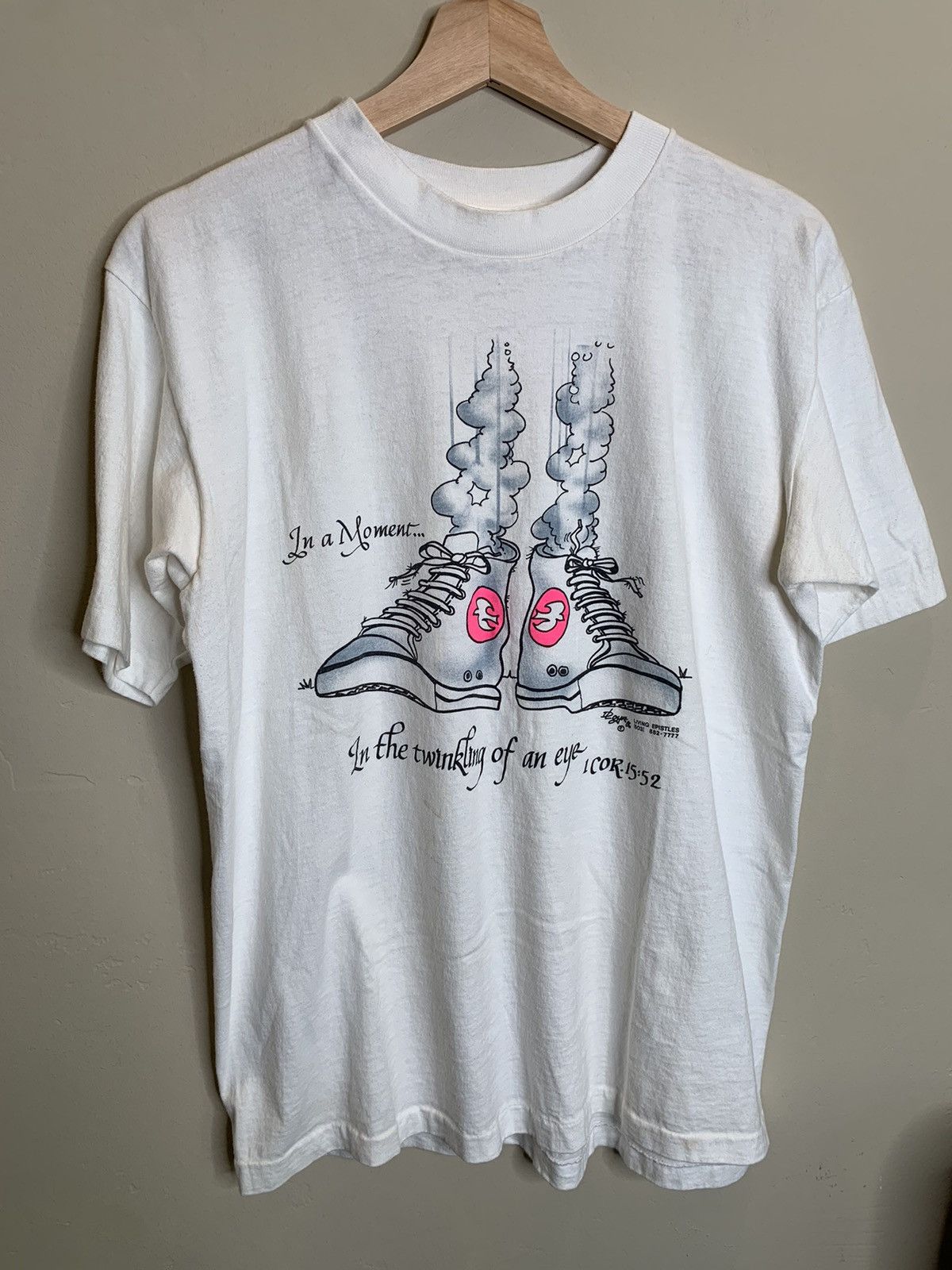 image of Art x Made In USA Vintage 1986 Living Epistles 1 Cor 15:52 Jesus Shirt in Pink/White/Black (Size La