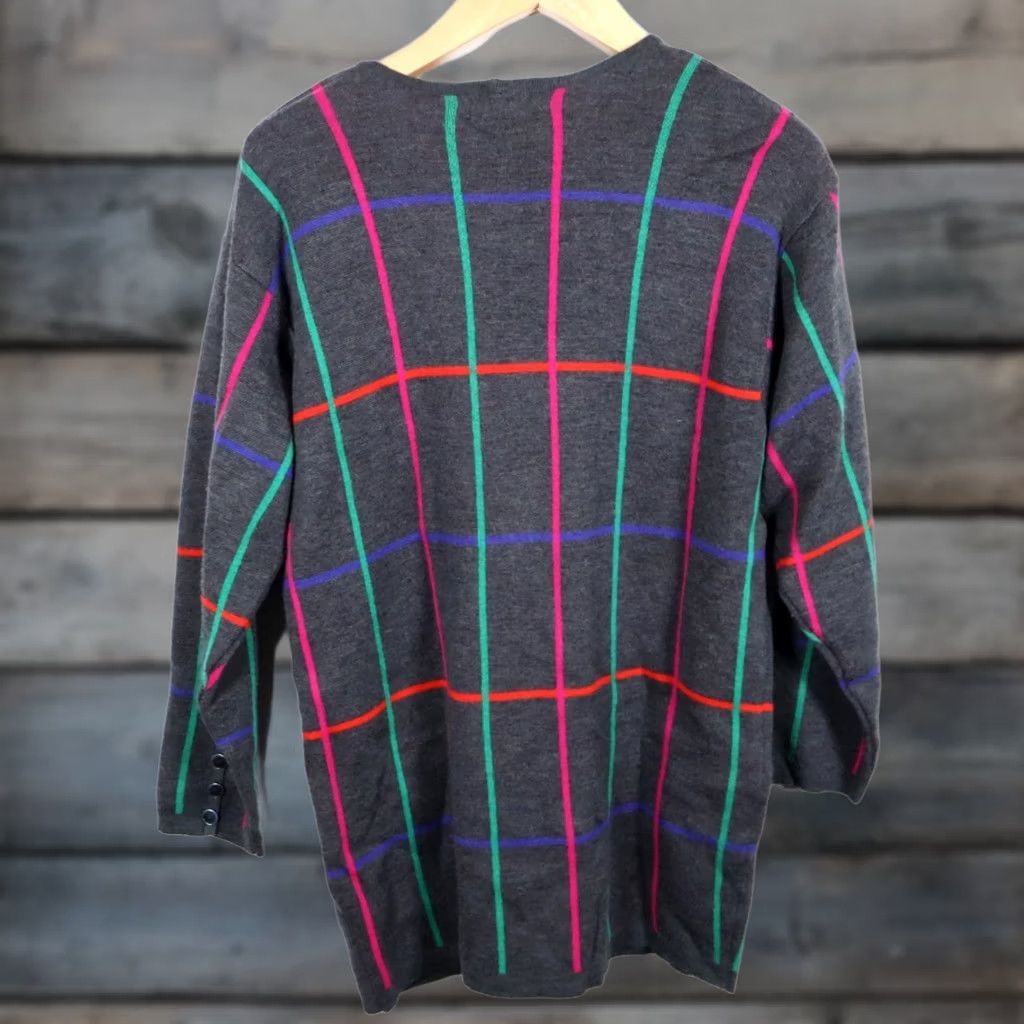 Liz Claiborne VINTAGE Liz Claiborne Cardigan Sweater Wool Gray Check Long Sleeve V-Neck Large Women’s Boys? Size L / US 10 / IT 46 - 1 Thumbnail