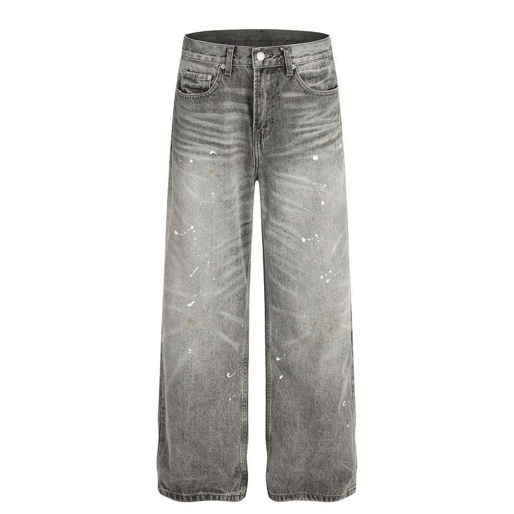 Punk washed gradient wide-leg ink-splashed distressed jeans