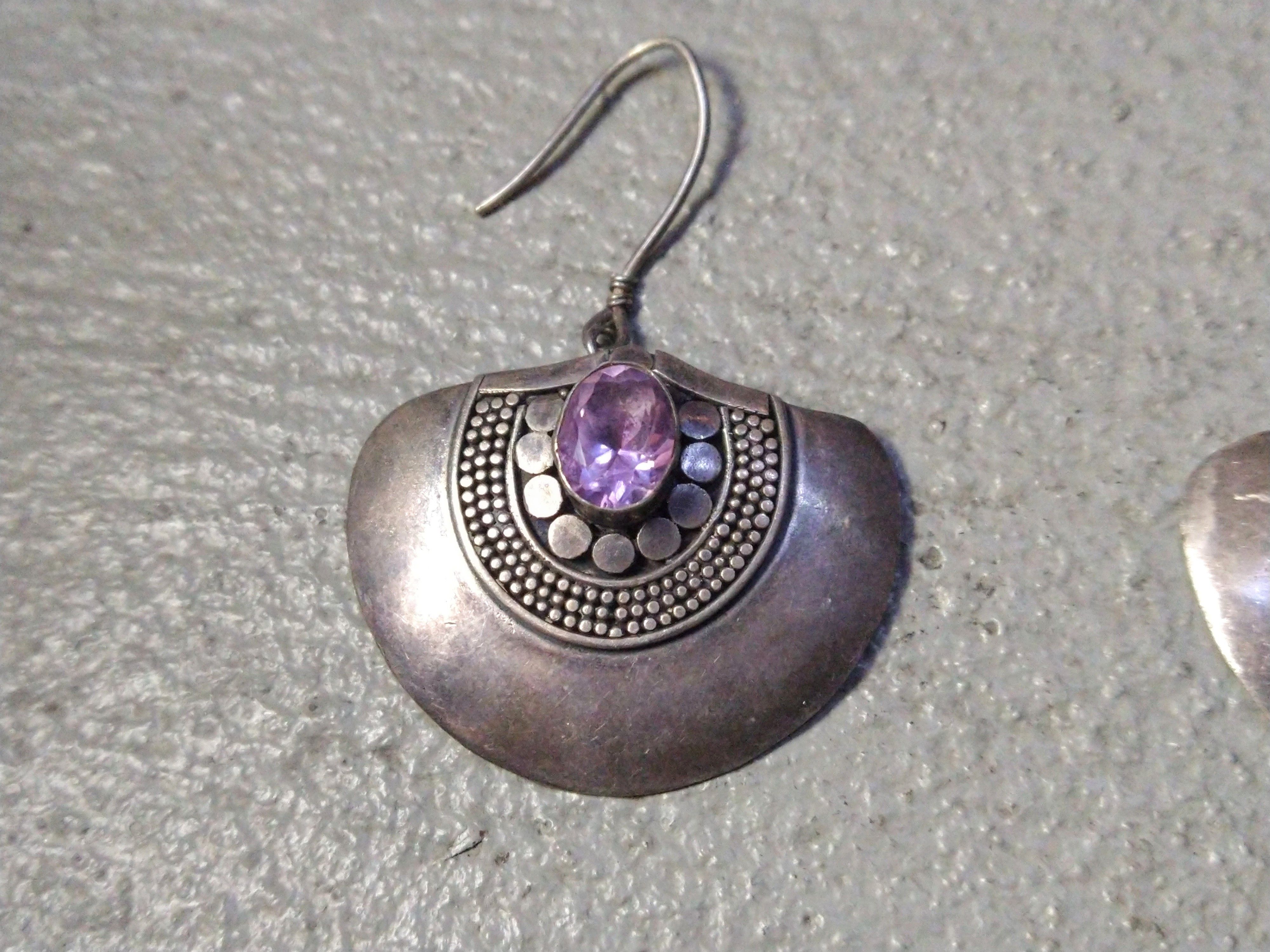Jewelry × Vintage Vintage Sterling Silver Earrings Purple Amethyst Fan Modern Size ONE SIZE - 3 Thumbnail