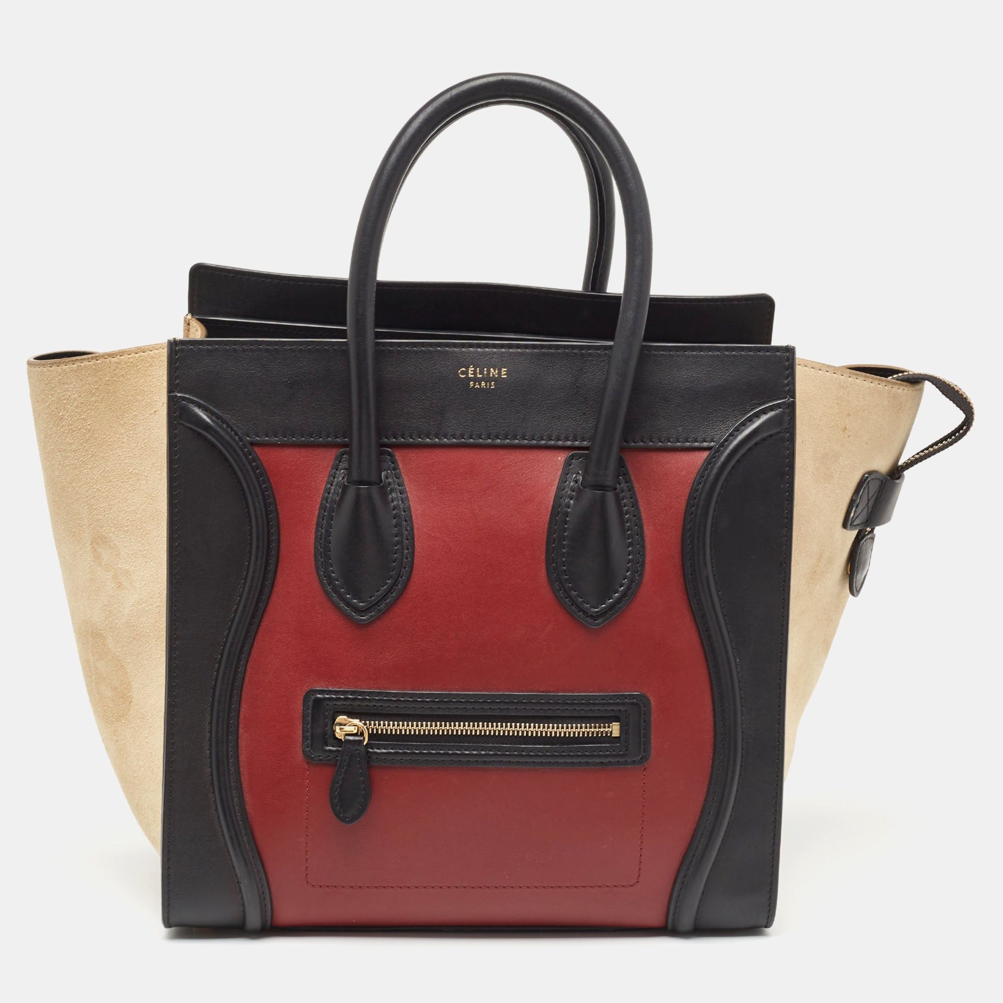 image of Celine Tricolor Leather And Suede Mini Luggage Tote in Black, Women's