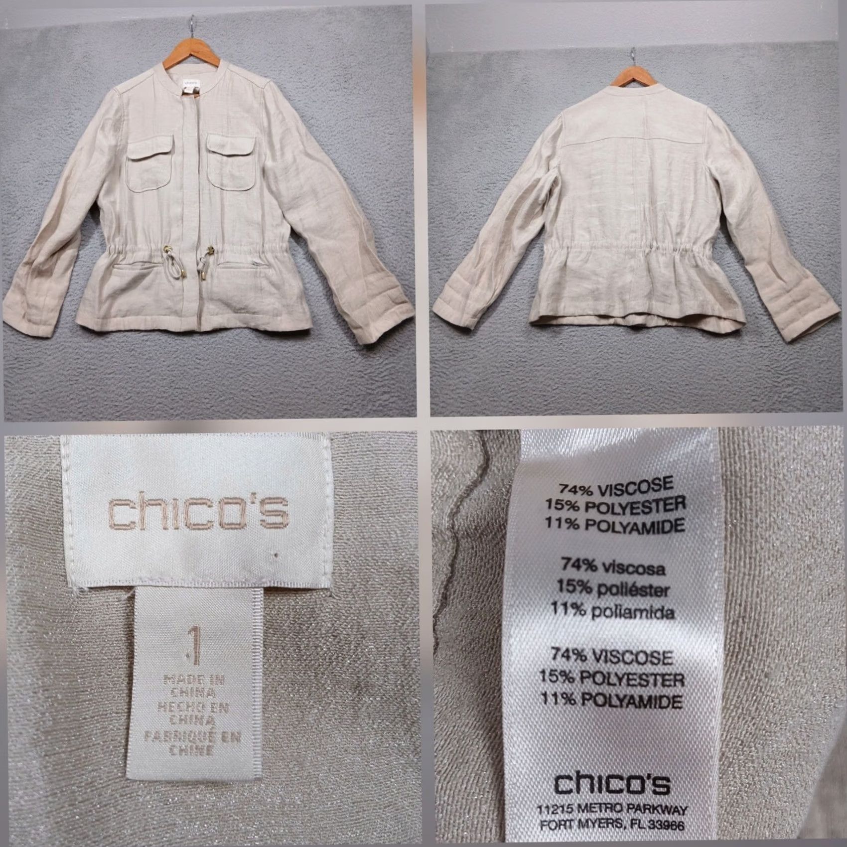 Vintage Chico's Utility Jacket Women Beige Drawstring Waist Zip Front Jacket Coat Short Spring Fall Size XS / US 0-2 / IT 36-38 - 2 Thumbnail