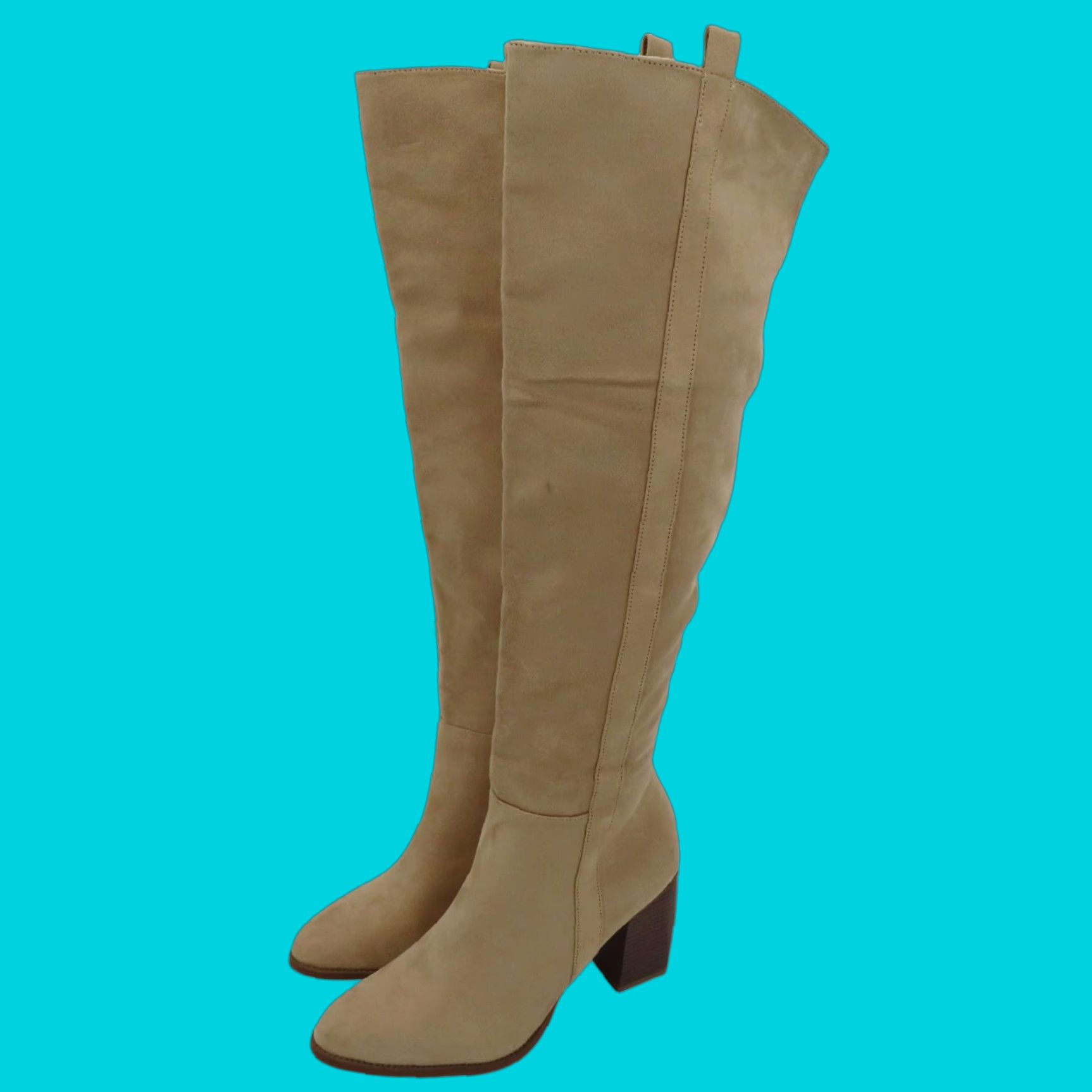 Women Beige Faux Leather Block Heel Knee High Boots Western NEW