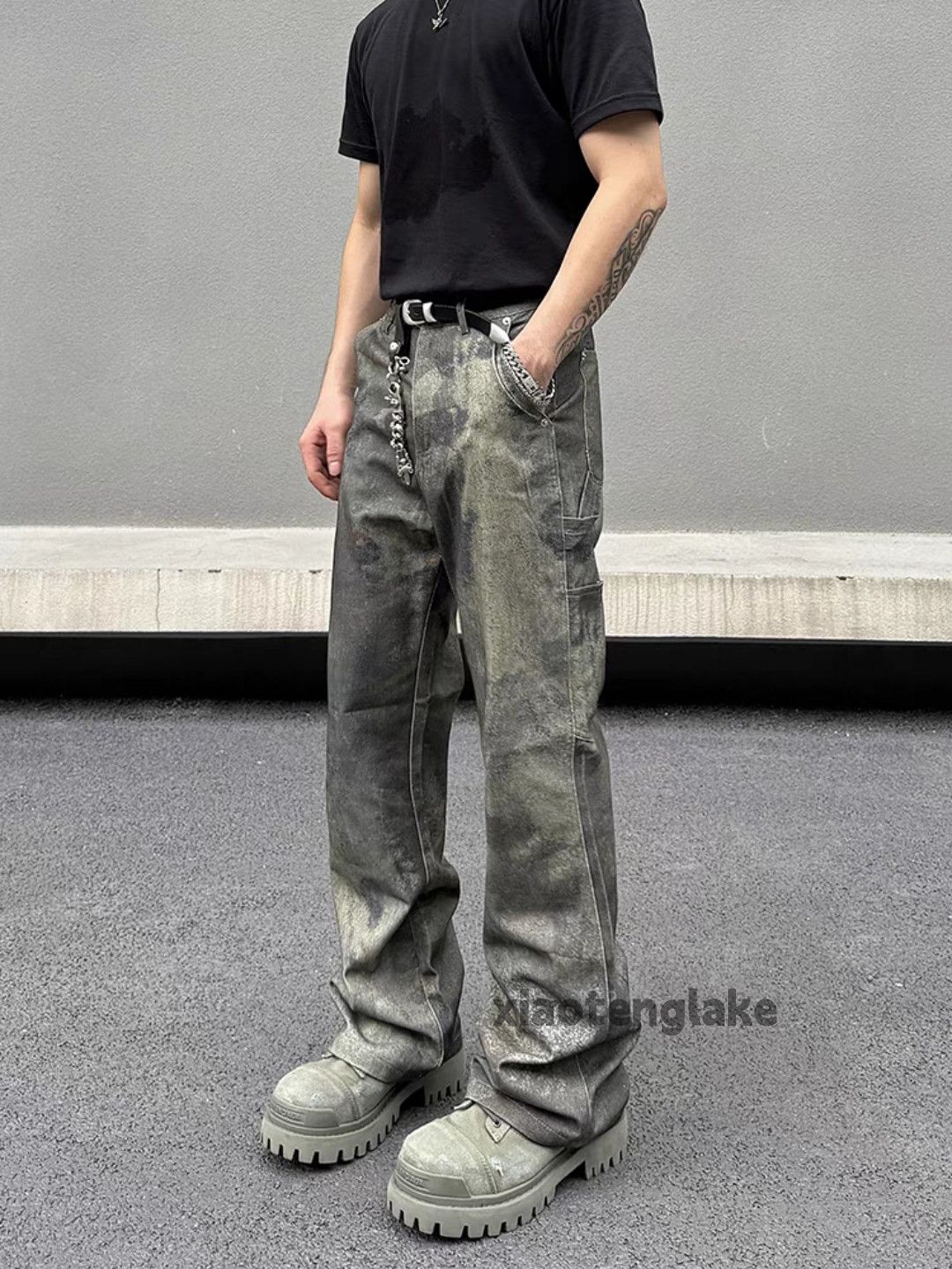 washed faded pattern carpenter grunge flared pants