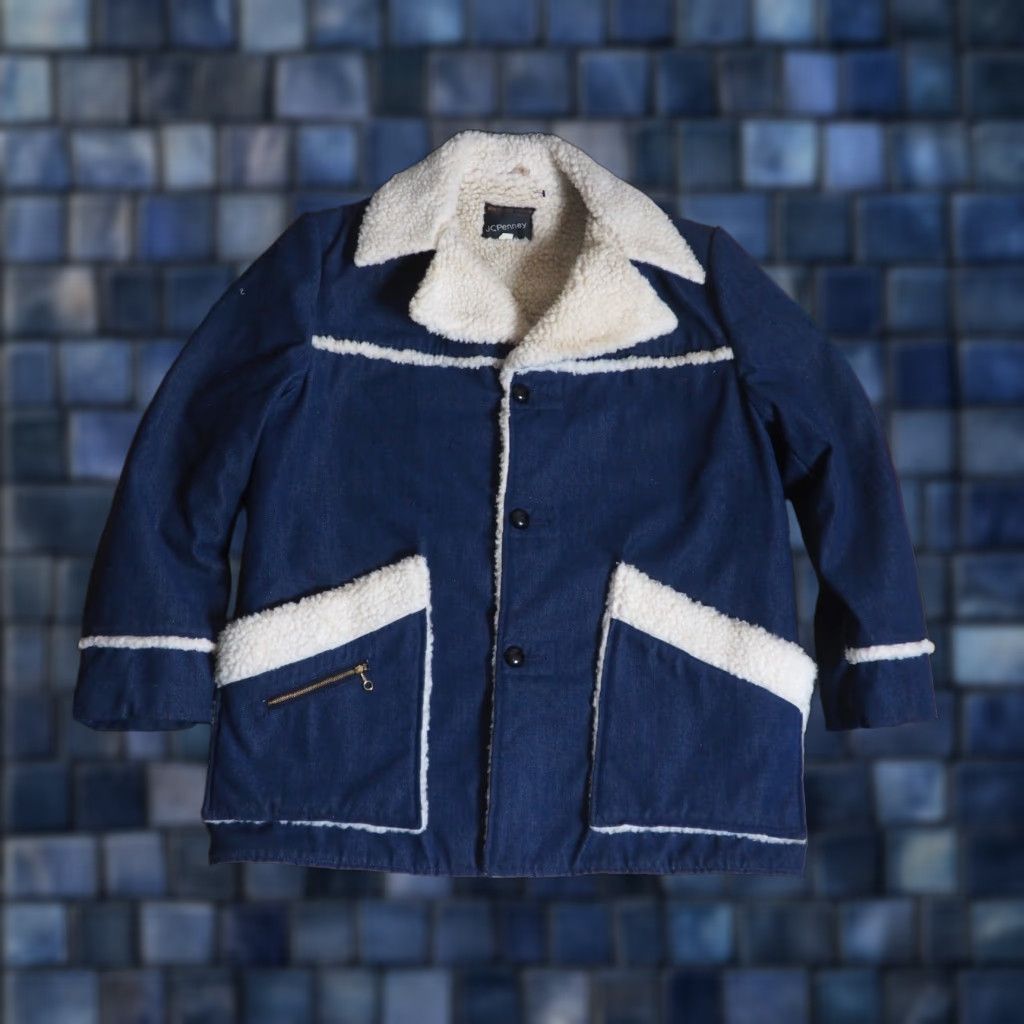 JCPenney VTG 70s Penneys Montgomery Blue White Denim Sherpa Western Ranch Coat Mens XLT Size US XL / EU 56 / 4 - 1 Thumbnail