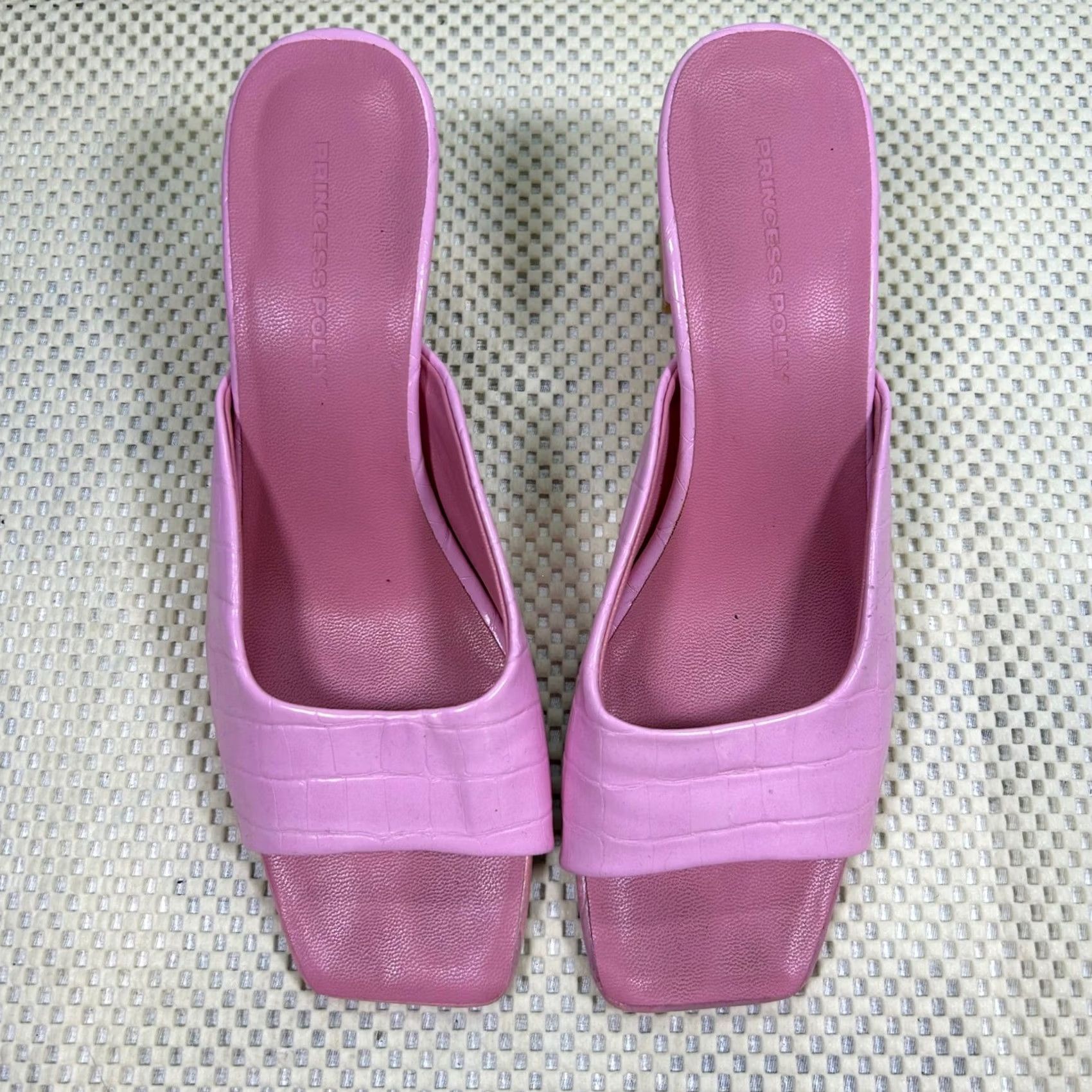 PRINCESS POLLY Princess Polly Pink Faux Leather Croc Mules Block Heel Square Toe Sandal Heels 8 Womens Size US 8 / IT 38 - 2 Thumbnail