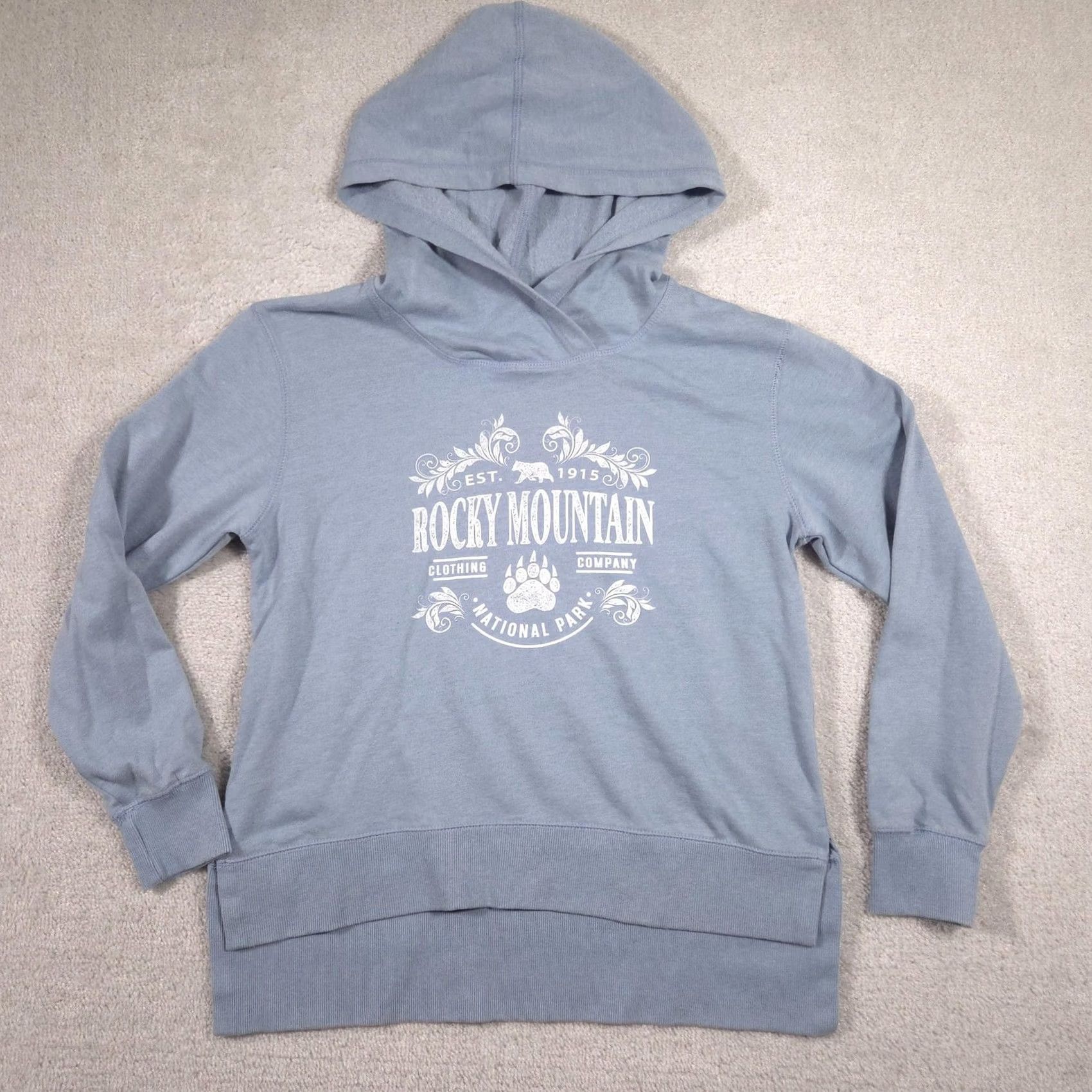 Vintage RetroVision Apparel Hoodie Womens L Blue Rocky Mountain Pullover Sweatshirt Graphic Print Pockets Crew Neck Fleece Polyester Long Sleeve Size L / US 10 / IT 46 - 2 Thumbnail