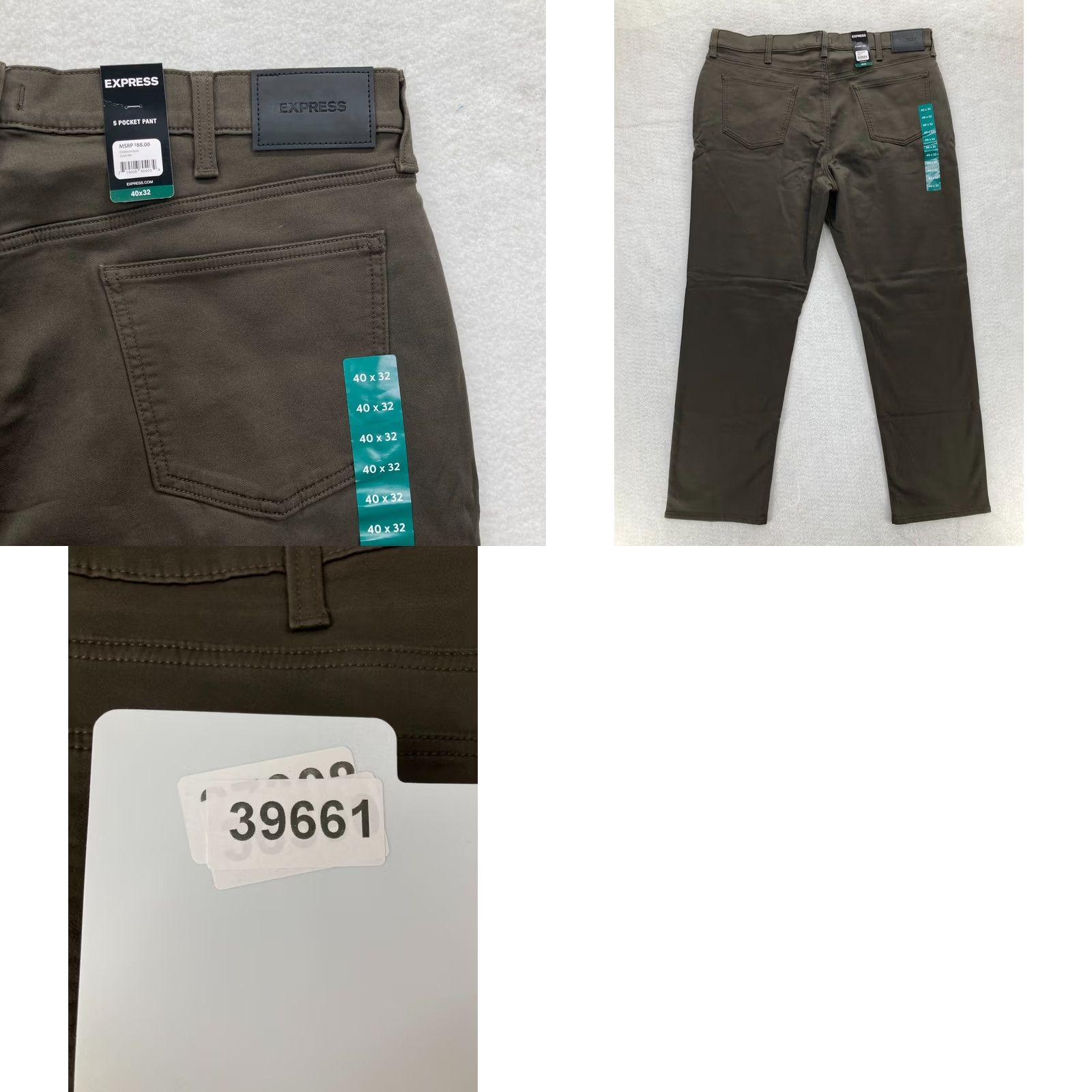 Express Express Pants Mens 40x32 Slim Straight Leg Olive Green 5-Pocket Chino Stretch Preppy Size US 40 / EU 56 - 9 Thumbnail