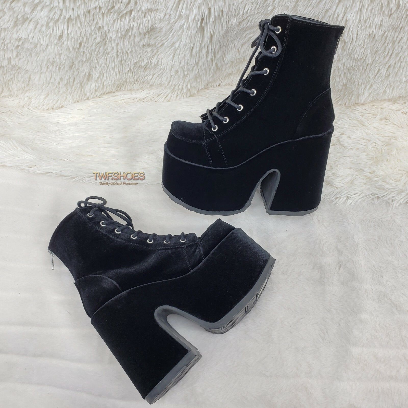 Other Camel 203 Stacked Black Velvet Platform Goth Punk Ankle Boot Size US 7 / IT 37 - 1 Thumbnail