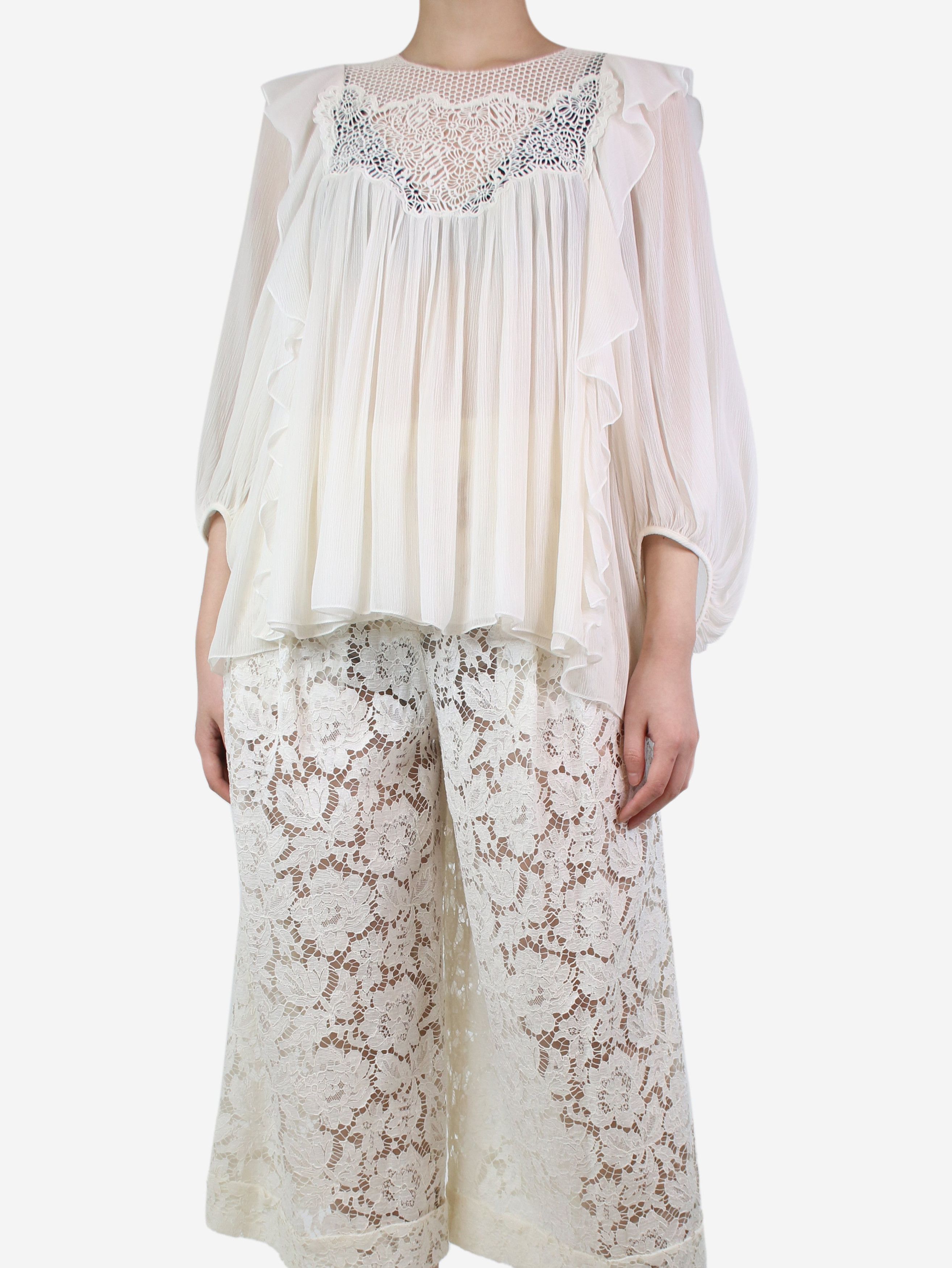 image of Chloe Cream Sheer Embroidered Silk Blouse - Size Uk 10, Women's