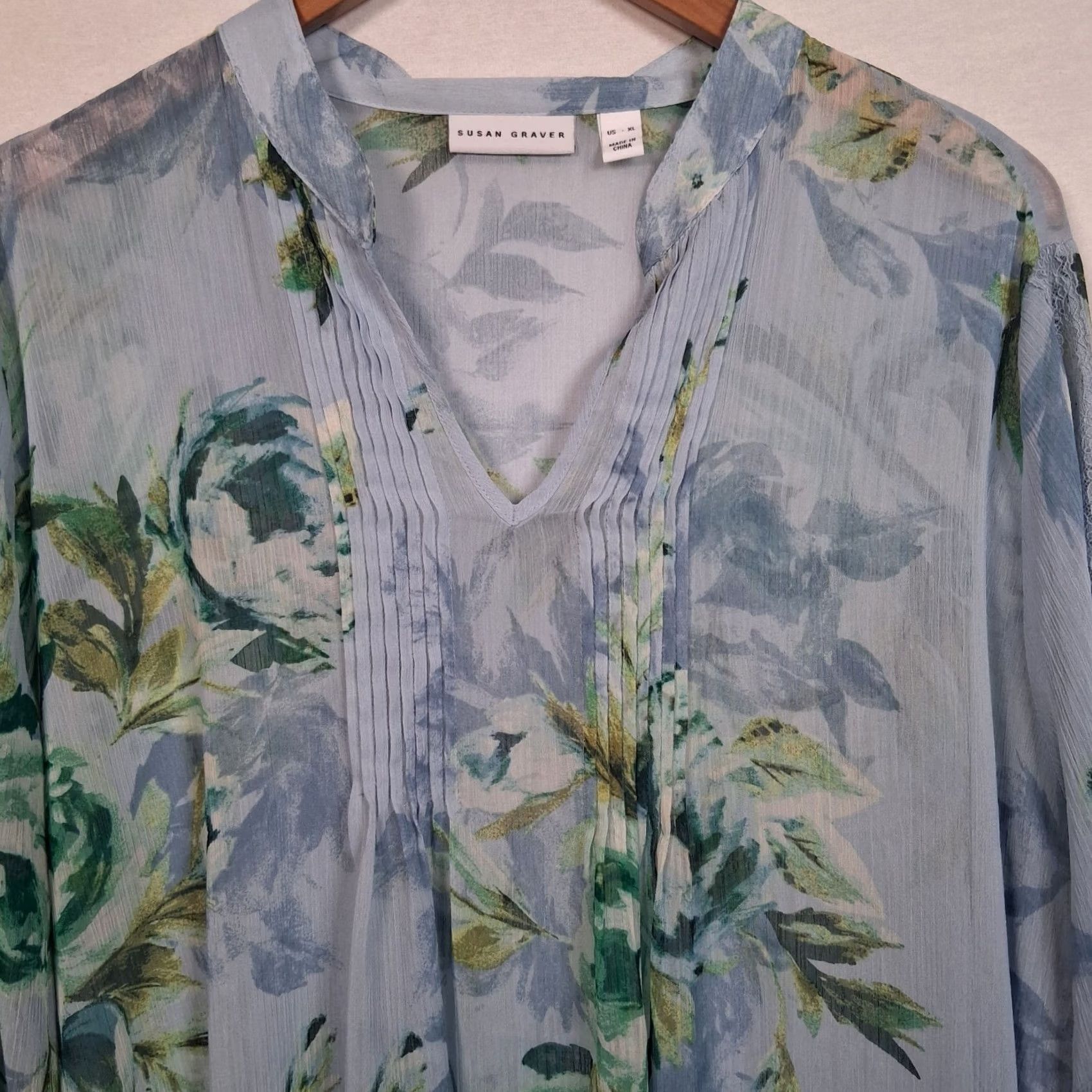 Vintage Susan Graver Blouse XL Blue Peony Floral Long Sleeve Semi Sheer Lace Pleated Womens Blouse Size XL / US 12-14 / IT 48-50 - 7 Thumbnail